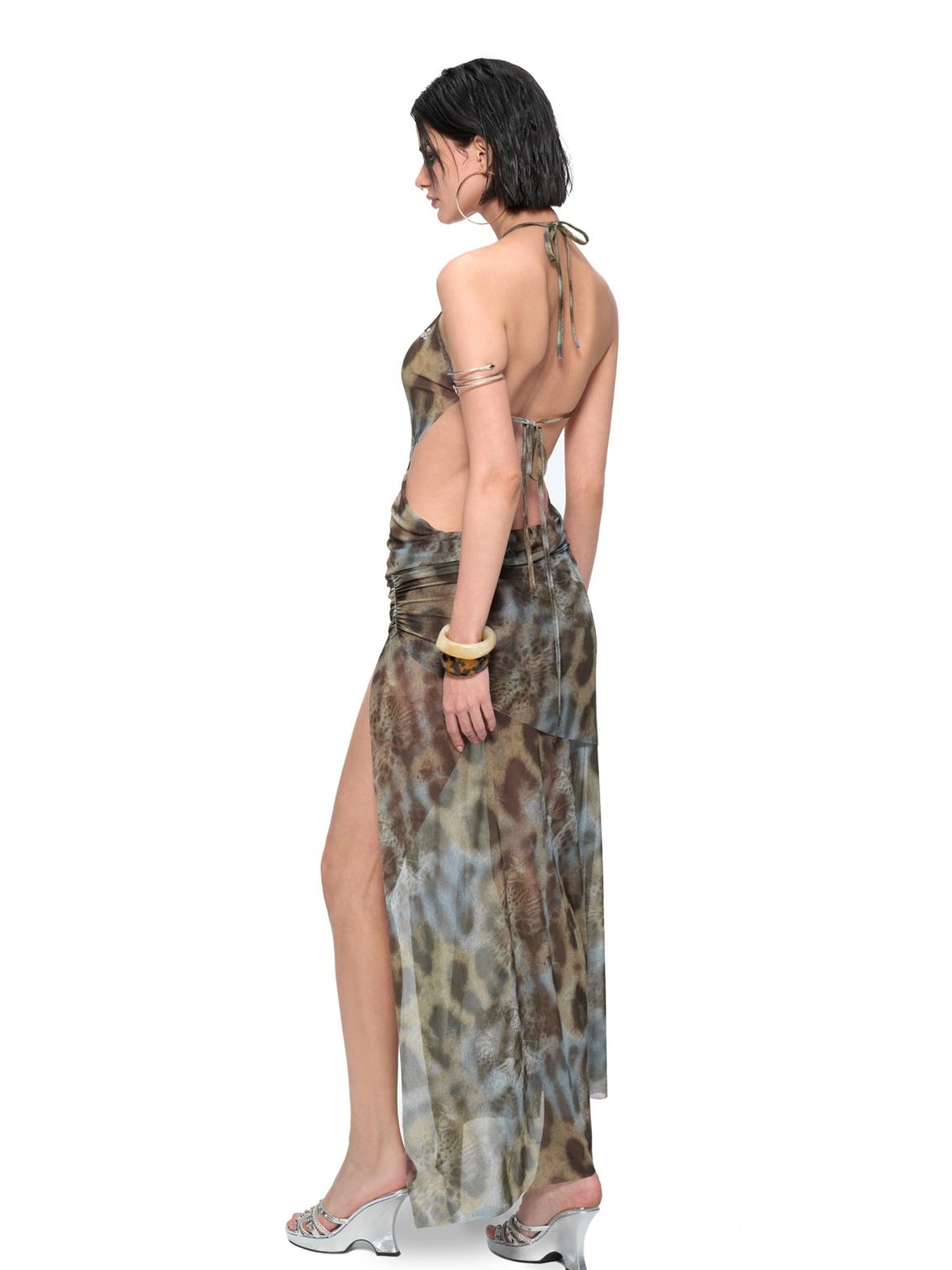 JYOSEI V-Neck Cross Front Low Back Slit Blue Brown Leopard Print Dress