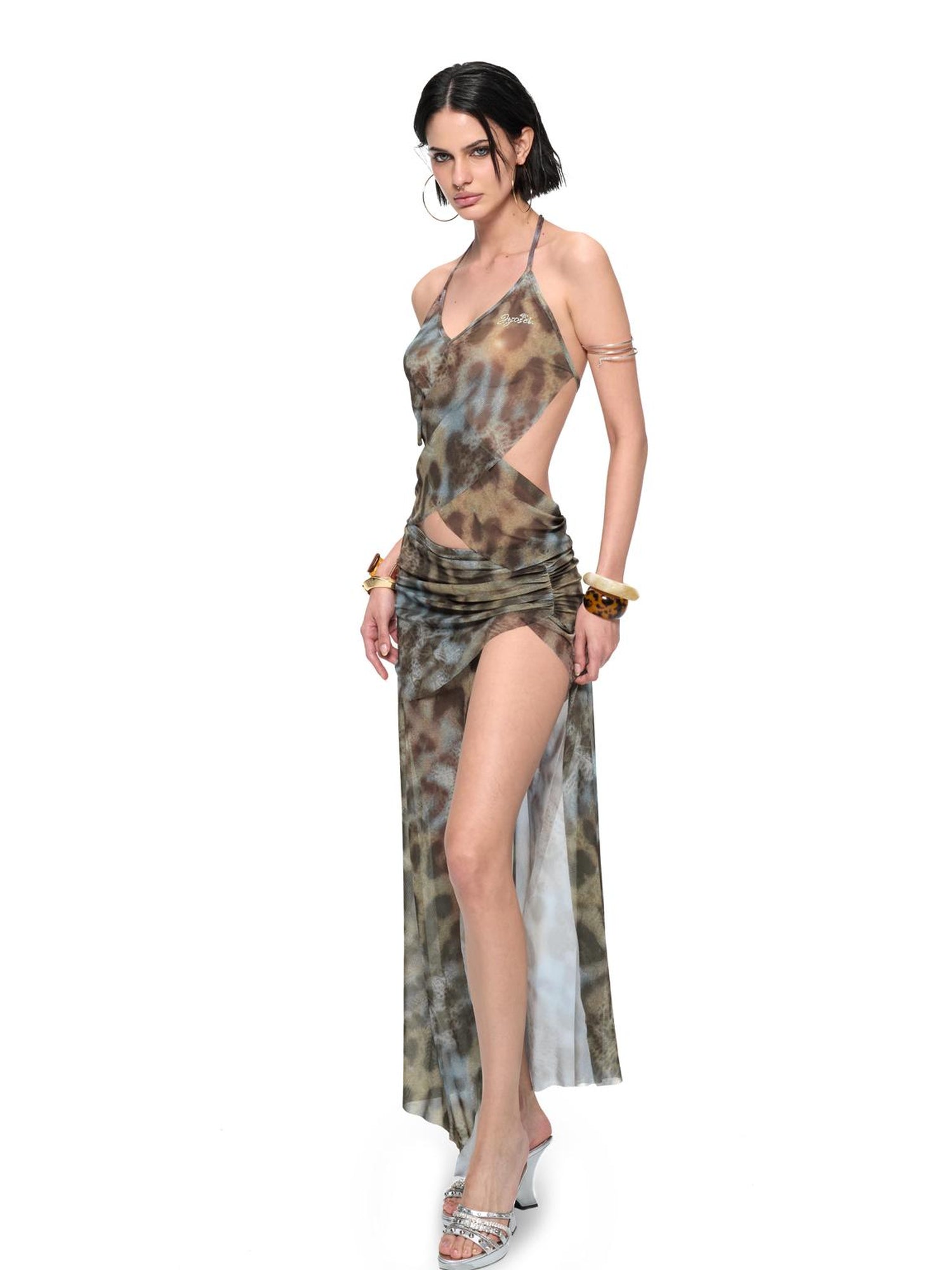 JYOSEI V-Neck Cross Front Low Back Slit Blue Brown Leopard Print Dress