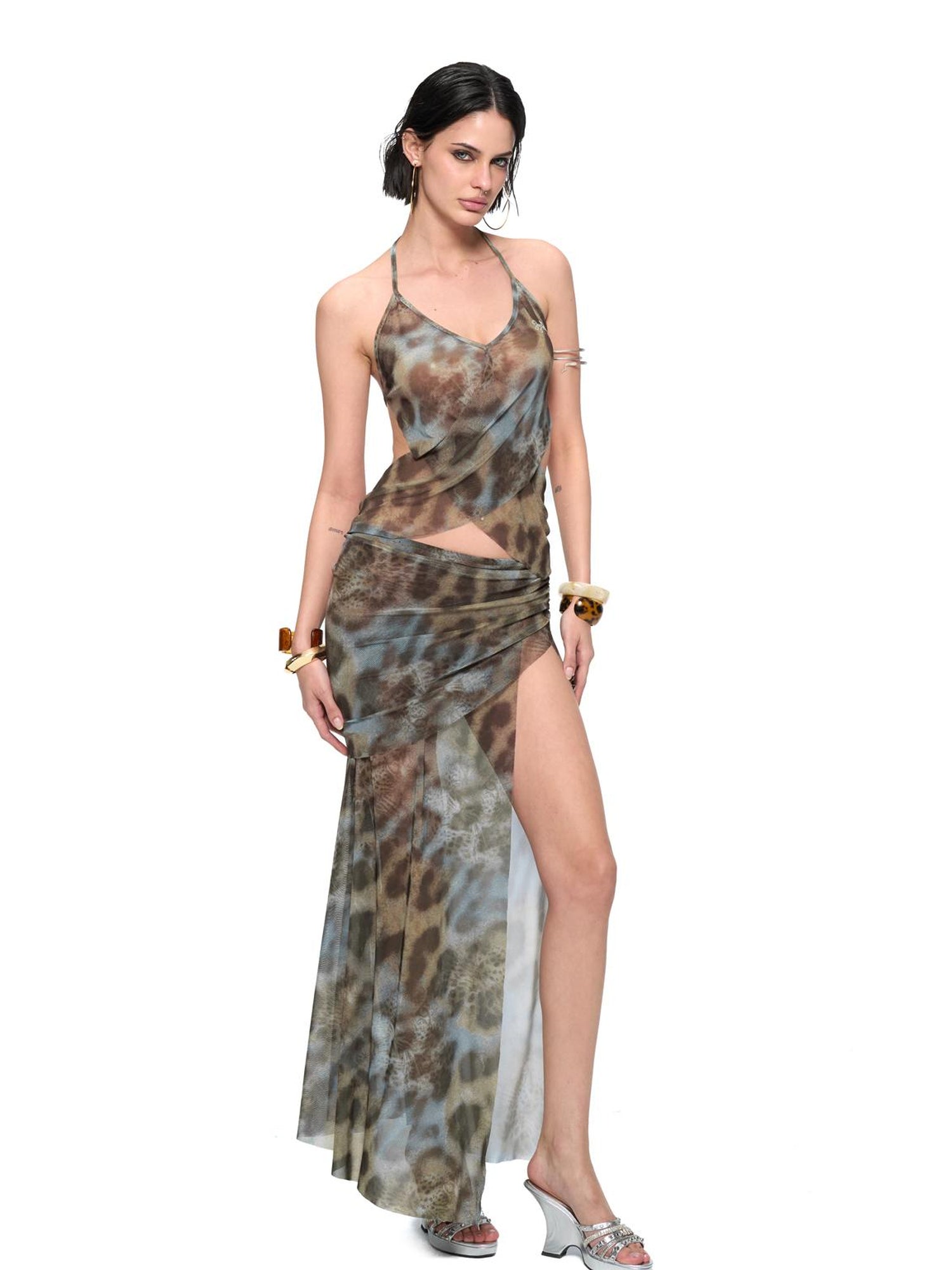 JYOSEI V-Neck Cross Front Low Back Slit Blue Brown Leopard Print Dress