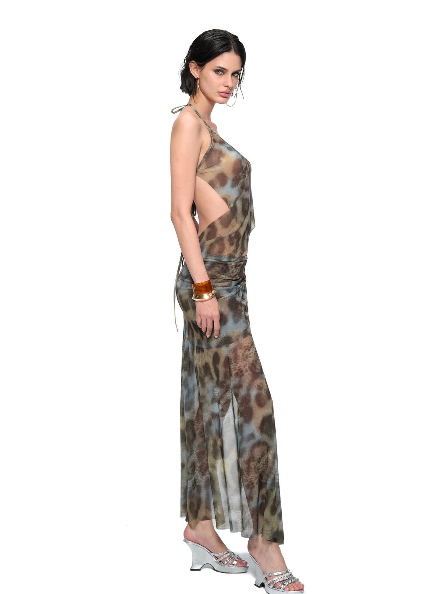 JYOSEI V-Neck Cross Front Low Back Slit Blue Brown Leopard Print Dress