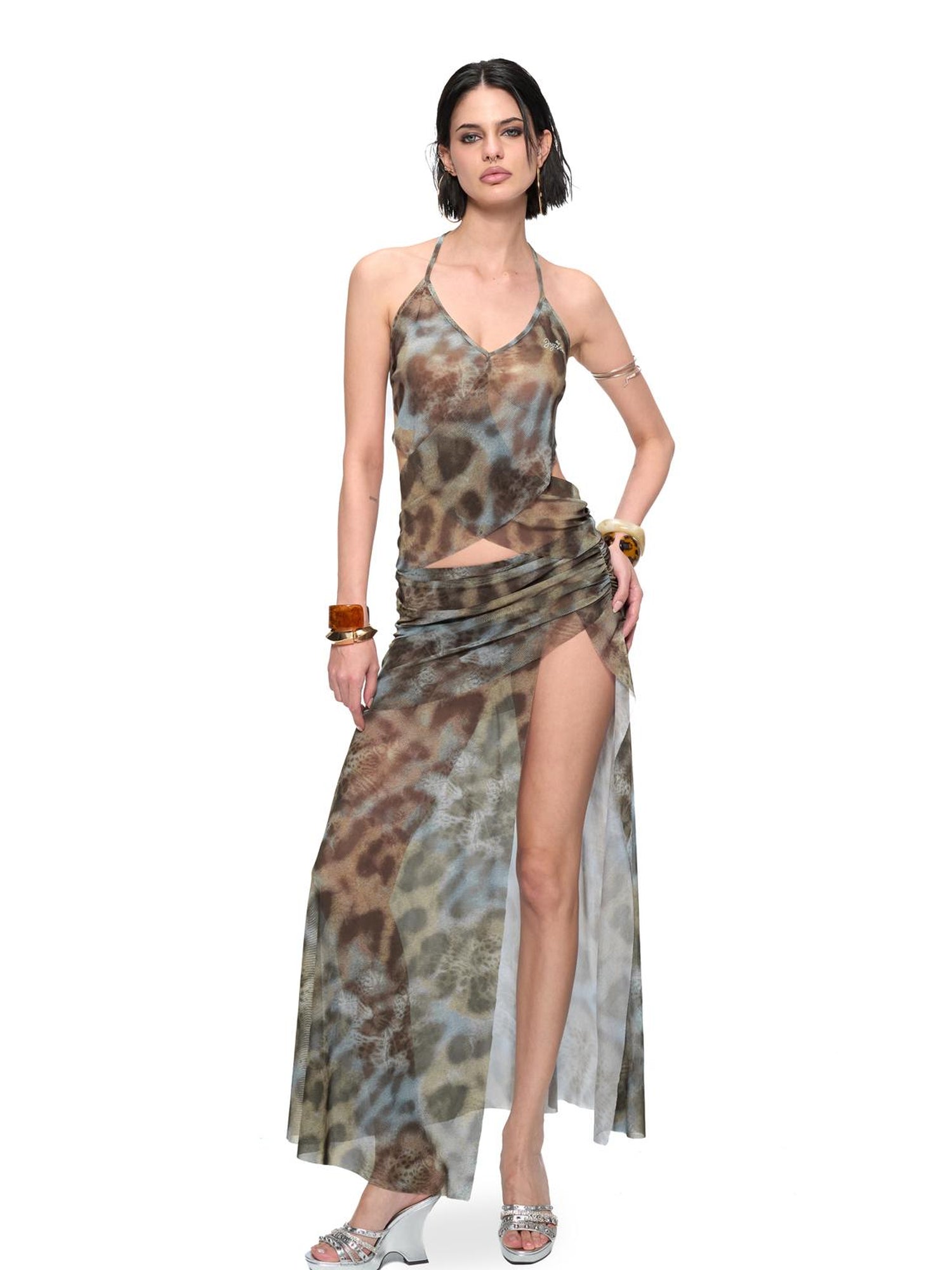 JYOSEI V-Neck Cross Front Low Back Slit Blue Brown Leopard Print Dress