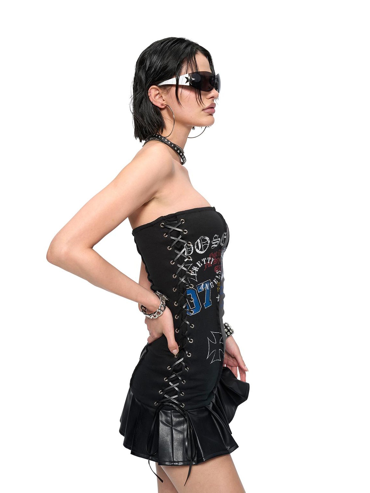 JYOSEI V-Neck Punk Print Corset Mini Dress With Lacing Metal Details