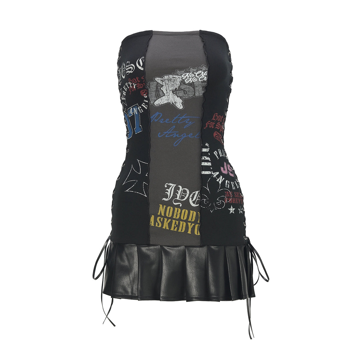 JYOSEI_V-Neck_Punk_Print_Corset_Mini_Dress_With_Lacing_Metal_Details_MISSTT