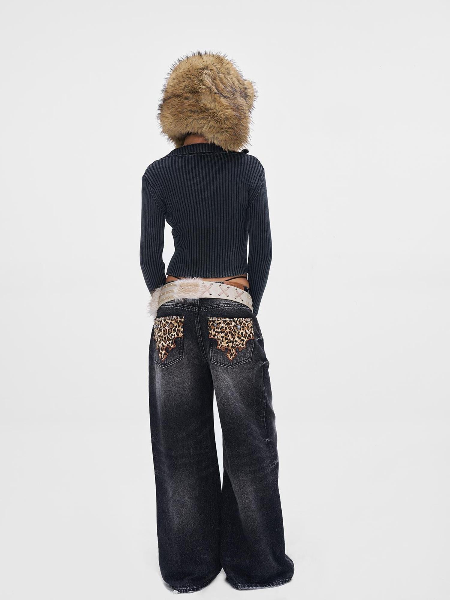 JYOSEI Vintage Black Grey Washed Wide Leg Low Rise Jeans with Leopard Print and Rhinestones