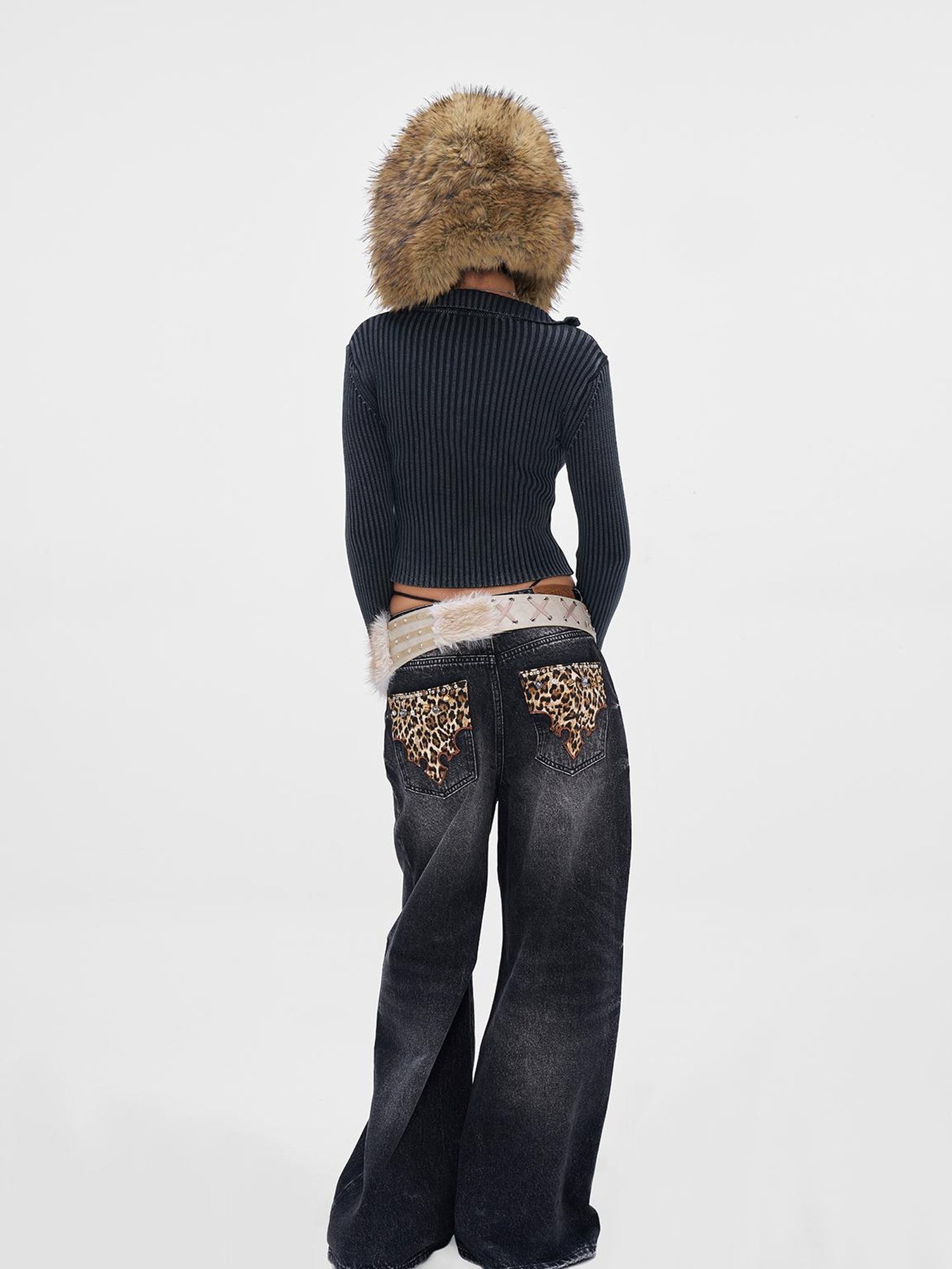 JYOSEI Vintage Black Grey Washed Wide Leg Low Rise Jeans with Leopard Print and Rhinestones