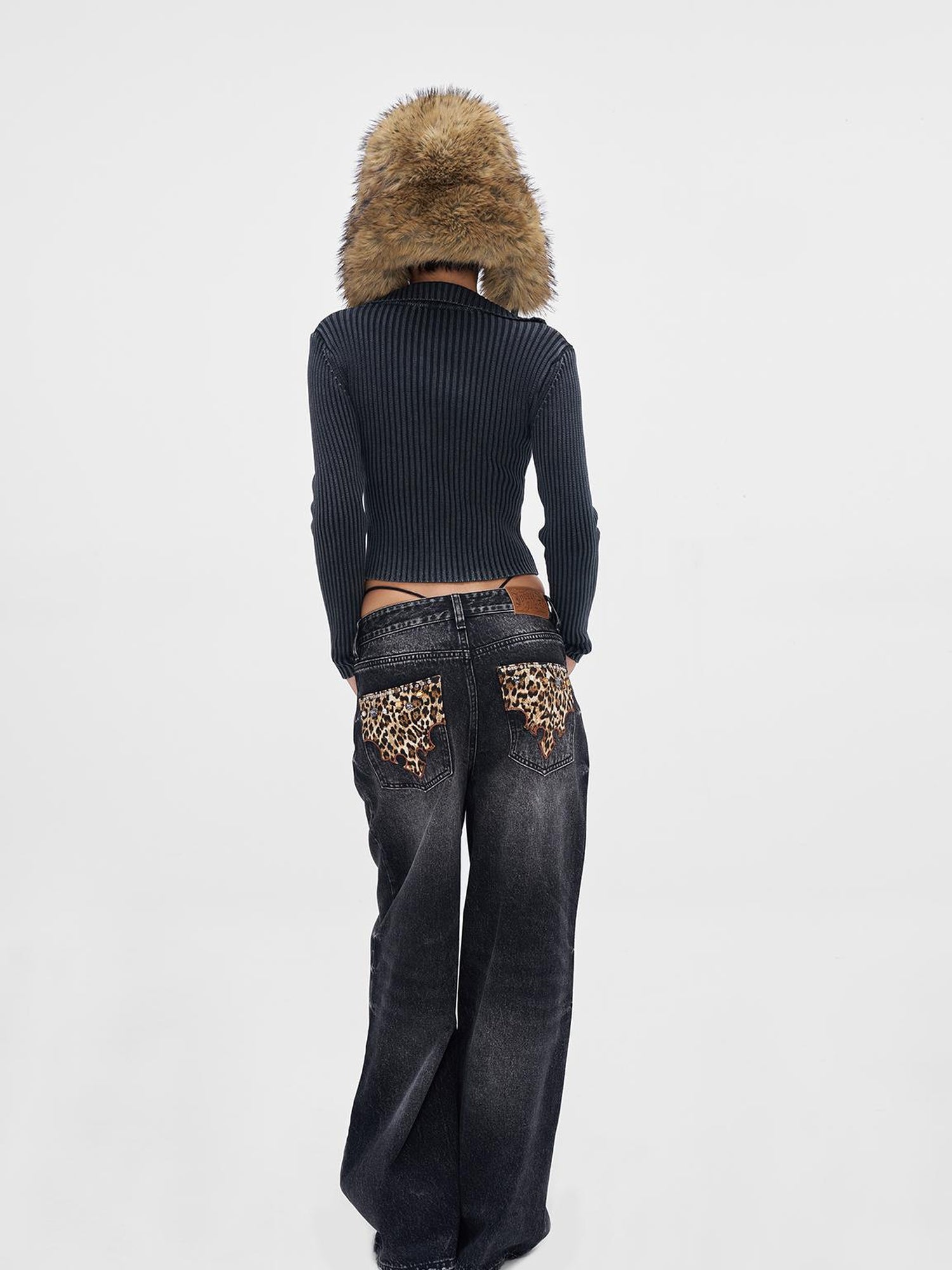 JYOSEI Vintage Black Grey Washed Wide Leg Low Rise Jeans with Leopard Print and Rhinestones