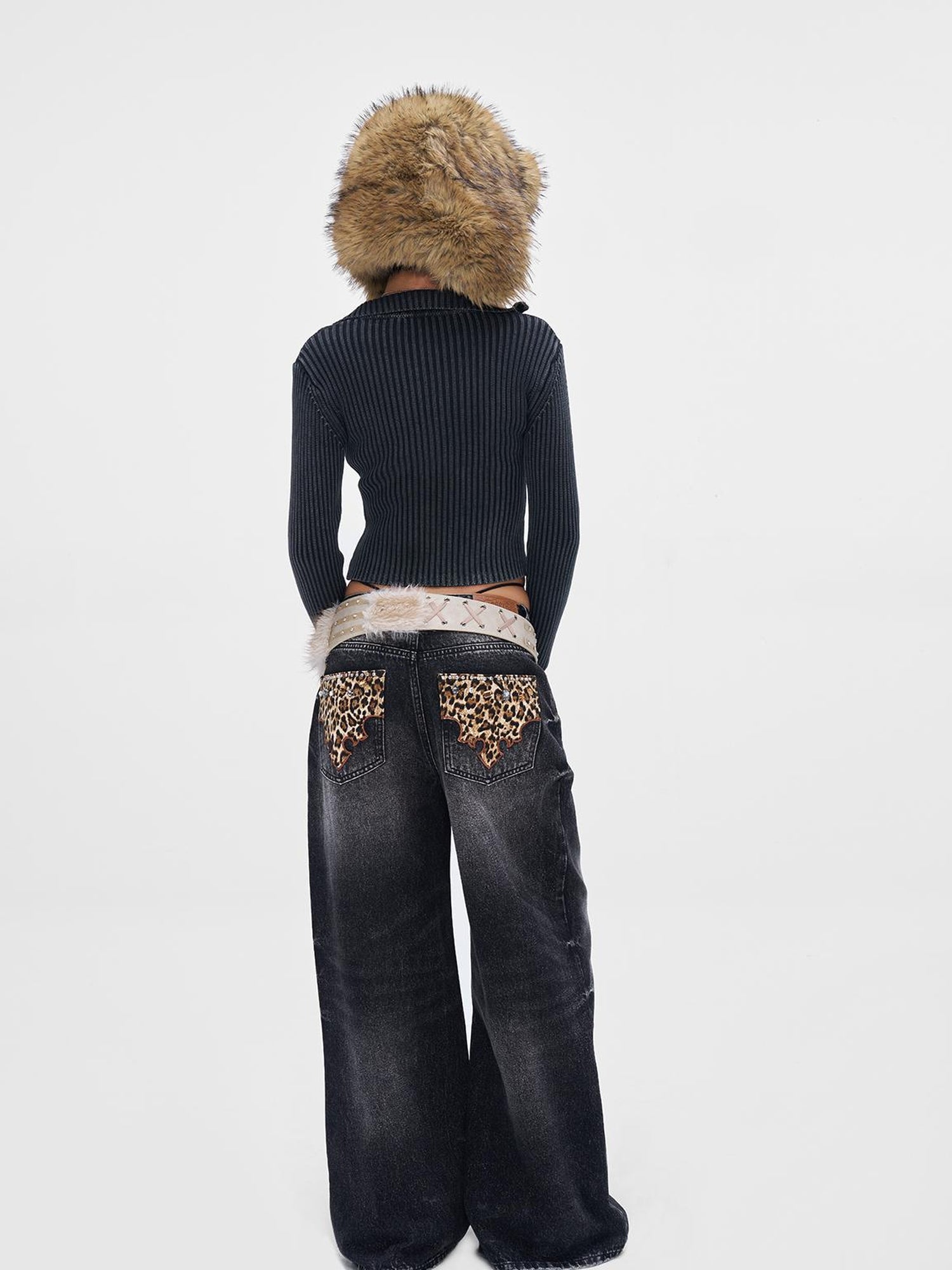 JYOSEI Vintage Black Grey Washed Wide Leg Low Rise Jeans with Leopard Print and Rhinestones