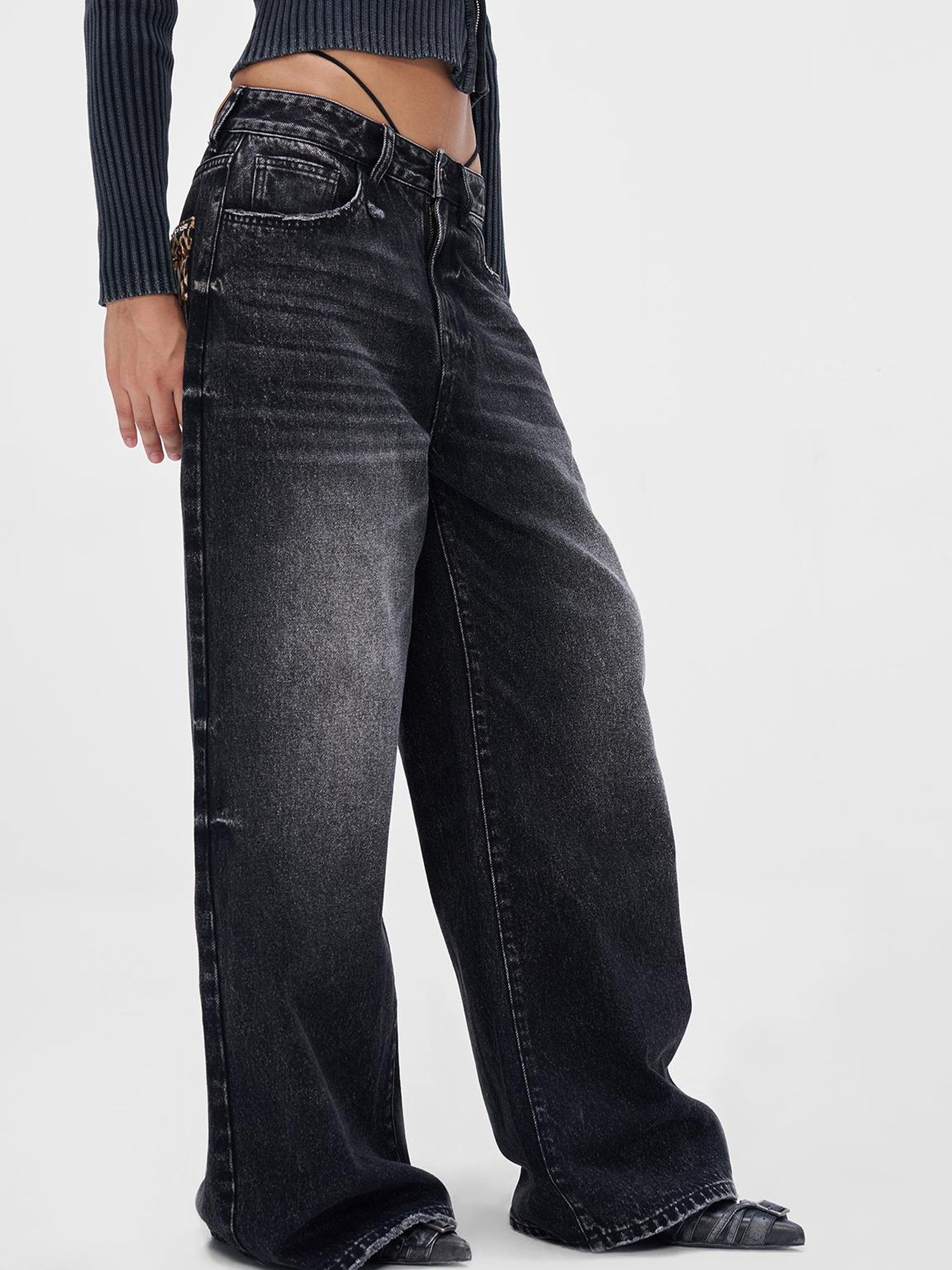 JYOSEI Vintage Black Grey Washed Wide Leg Low Rise Jeans with Leopard Print and Rhinestones