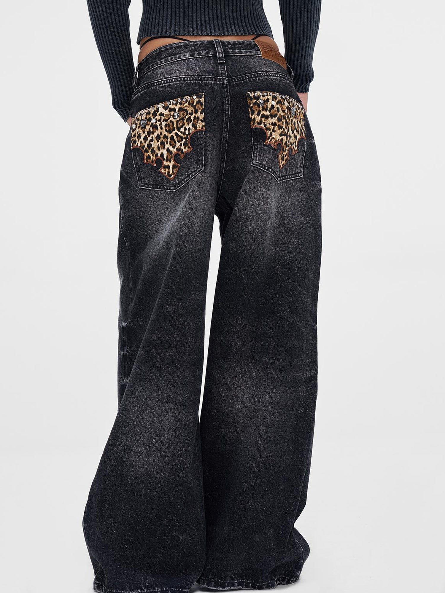 JYOSEI Vintage Black Grey Washed Wide Leg Low Rise Jeans with Leopard Print and Rhinestones