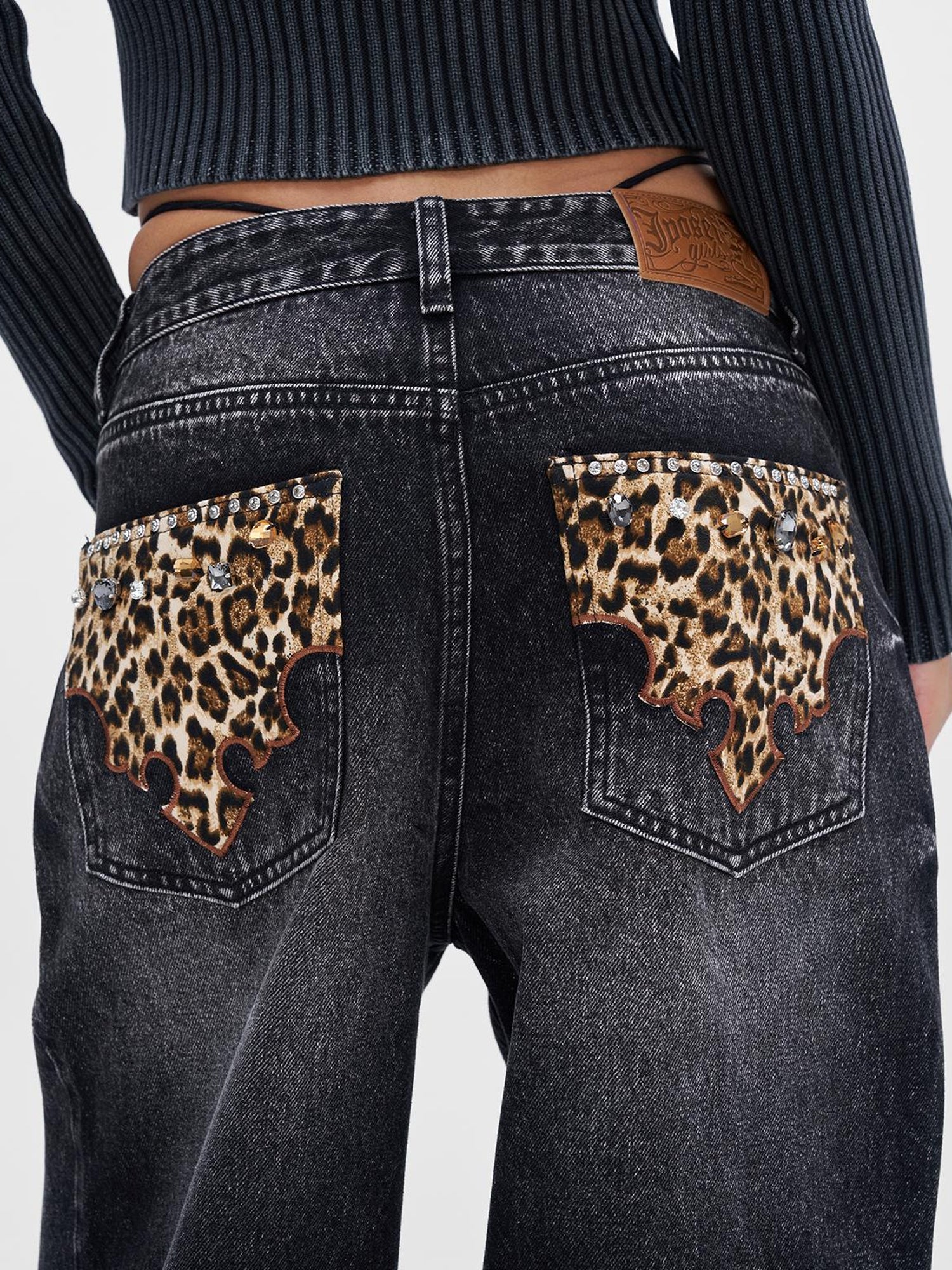 JYOSEI Vintage Black Grey Washed Wide Leg Low Rise Jeans with Leopard Print and Rhinestones