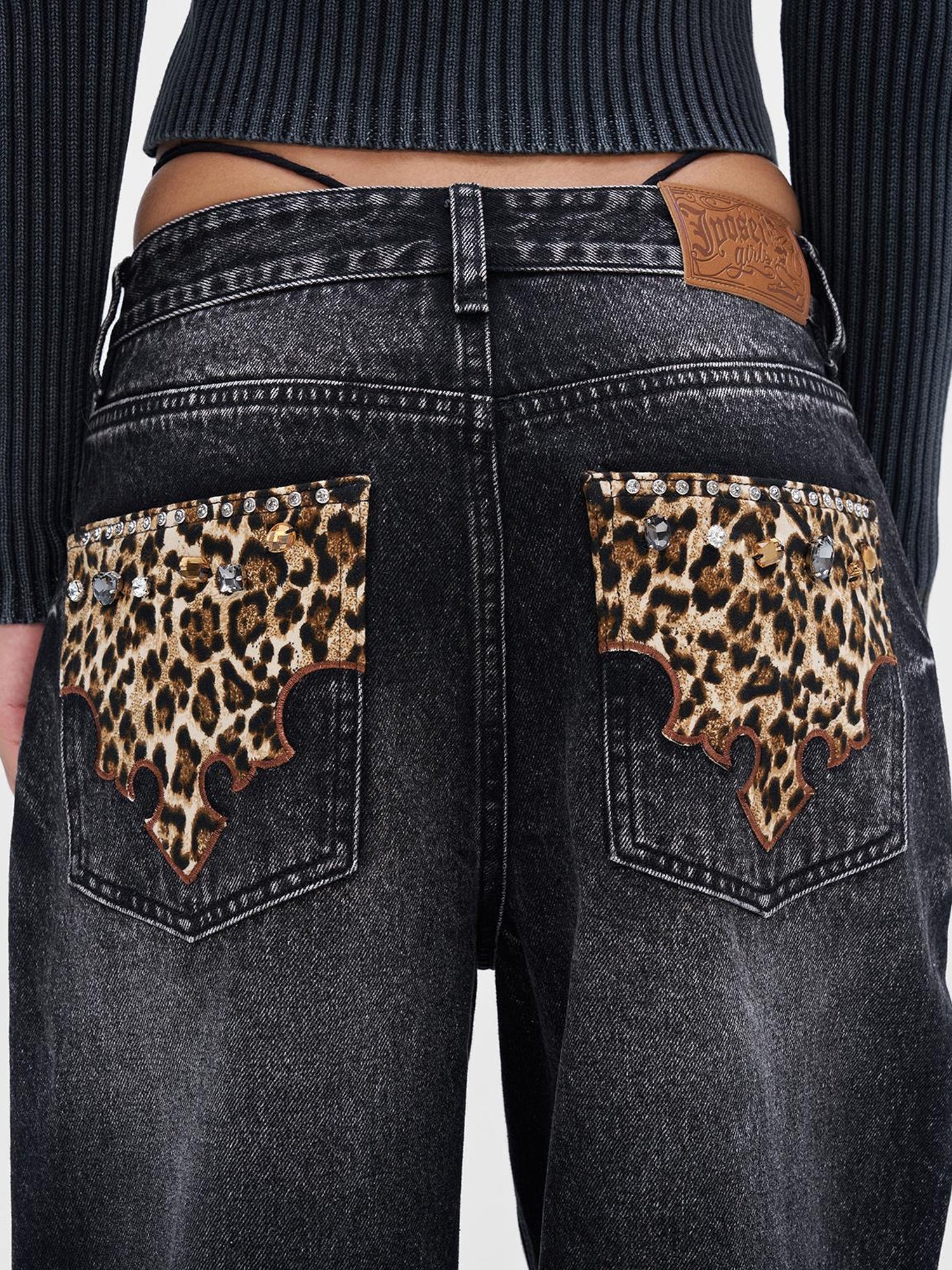 JYOSEI Vintage Black Grey Washed Wide Leg Low Rise Jeans with Leopard Print and Rhinestones