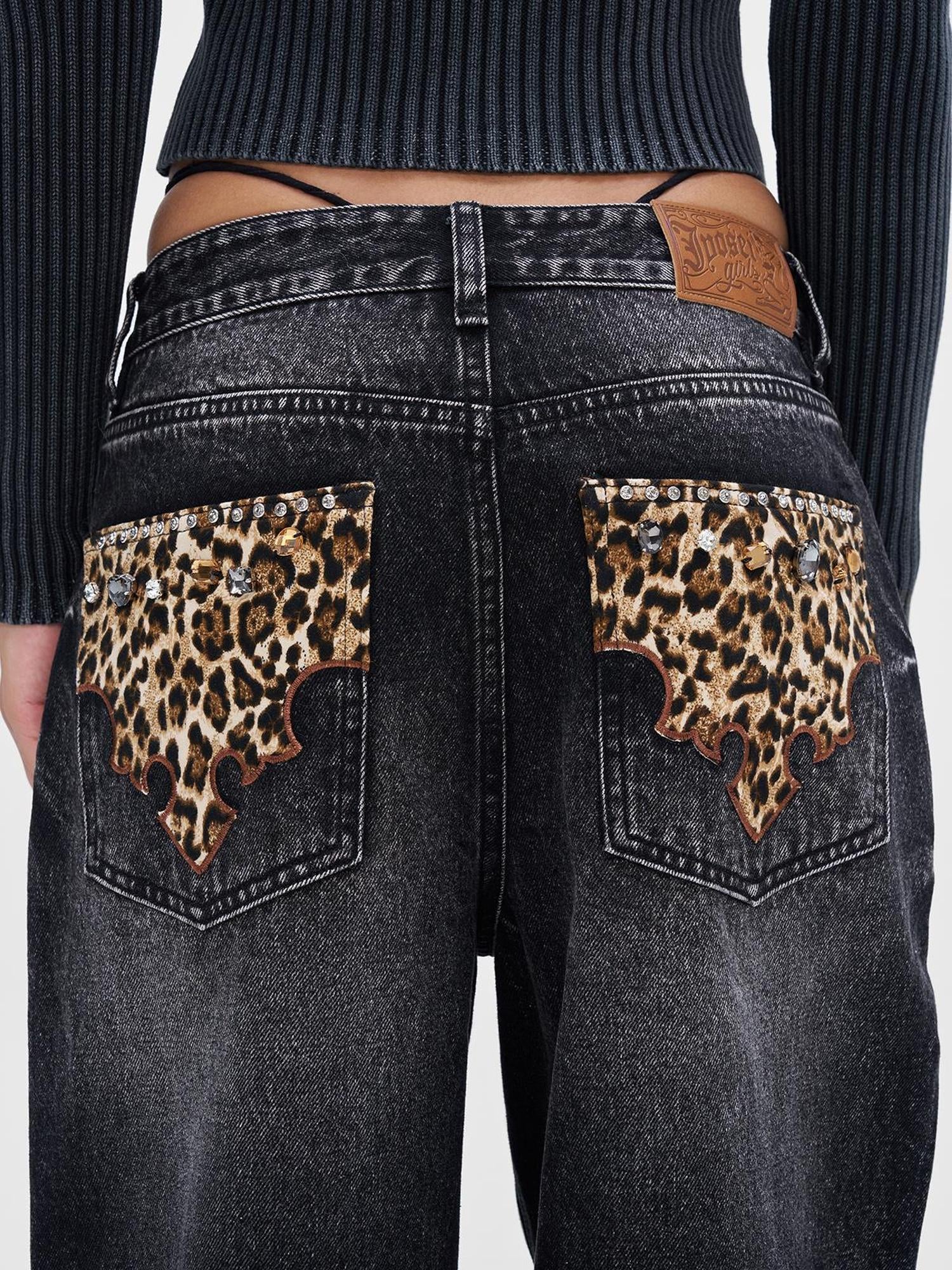 JYOSEI Vintage Black Grey Washed Wide Leg Low Rise Jeans with Leopard Print and Rhinestones