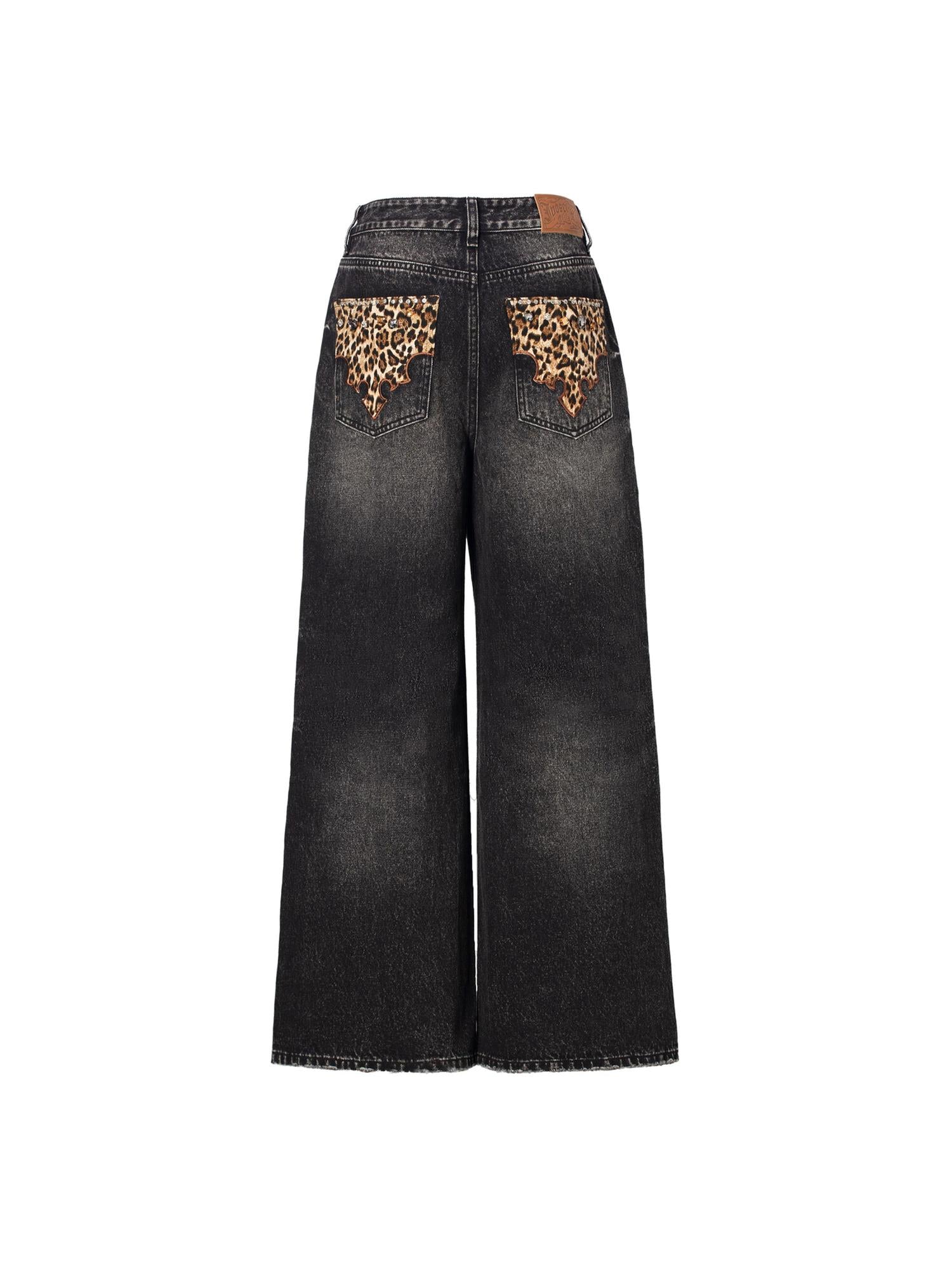 JYOSEI Vintage Black Grey Washed Wide Leg Low Rise Jeans with Leopard Print and Rhinestones