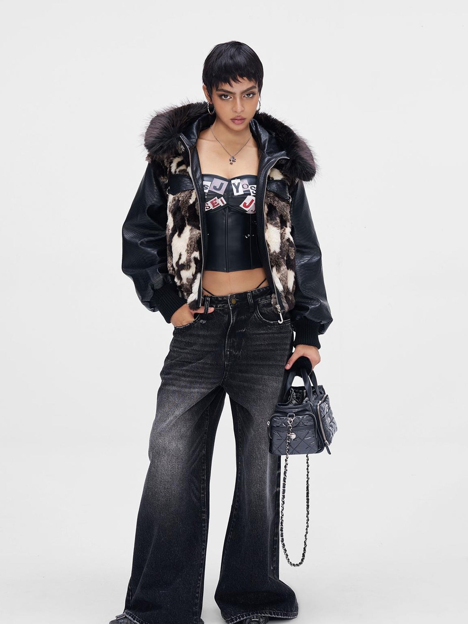 JYOSEI Vintage Black Grey Washed Wide Leg Low Rise Jeans with Leopard Print and Rhinestones