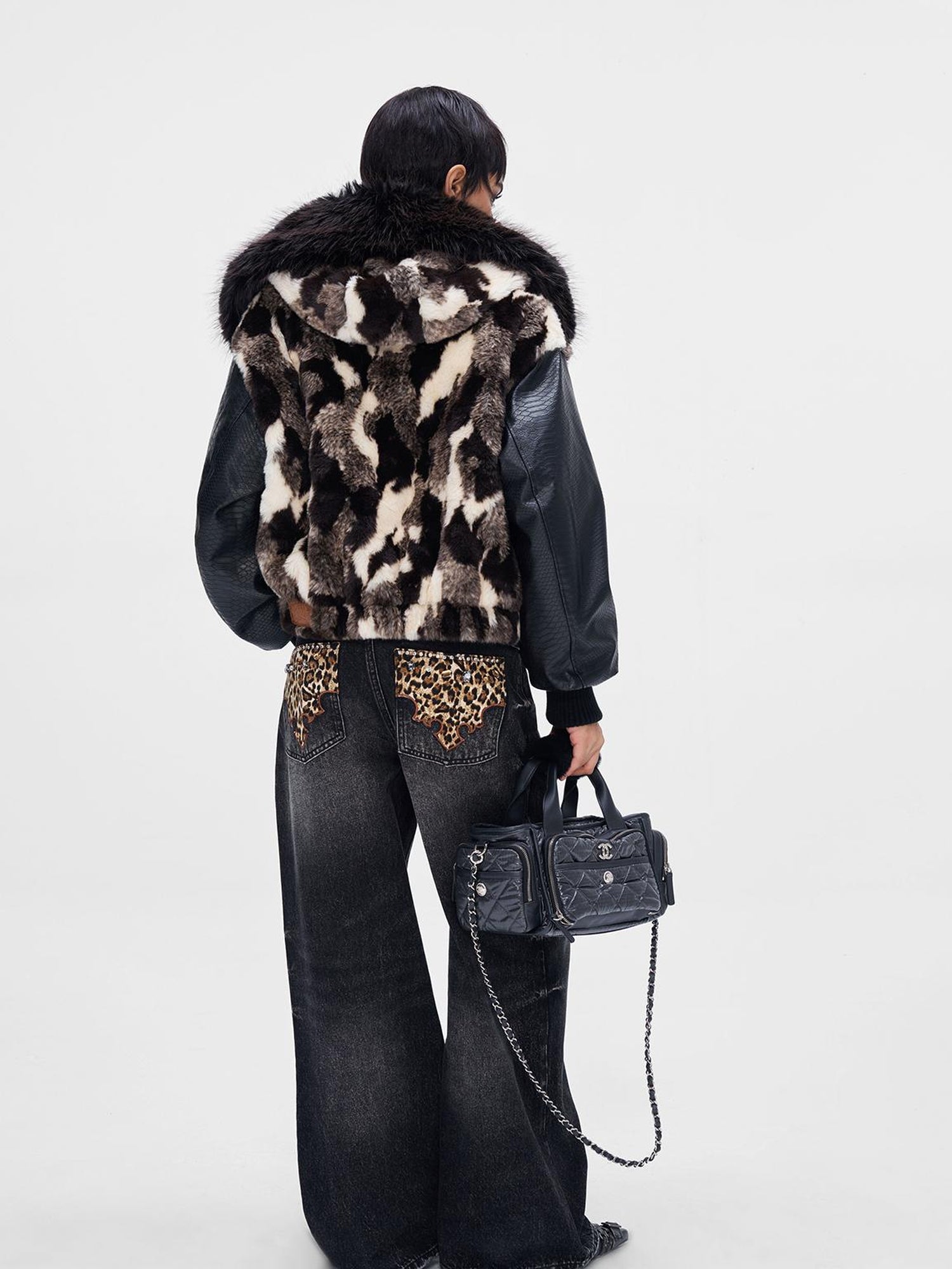 JYOSEI Vintage Black Grey Washed Wide Leg Low Rise Jeans with Leopard Print and Rhinestones