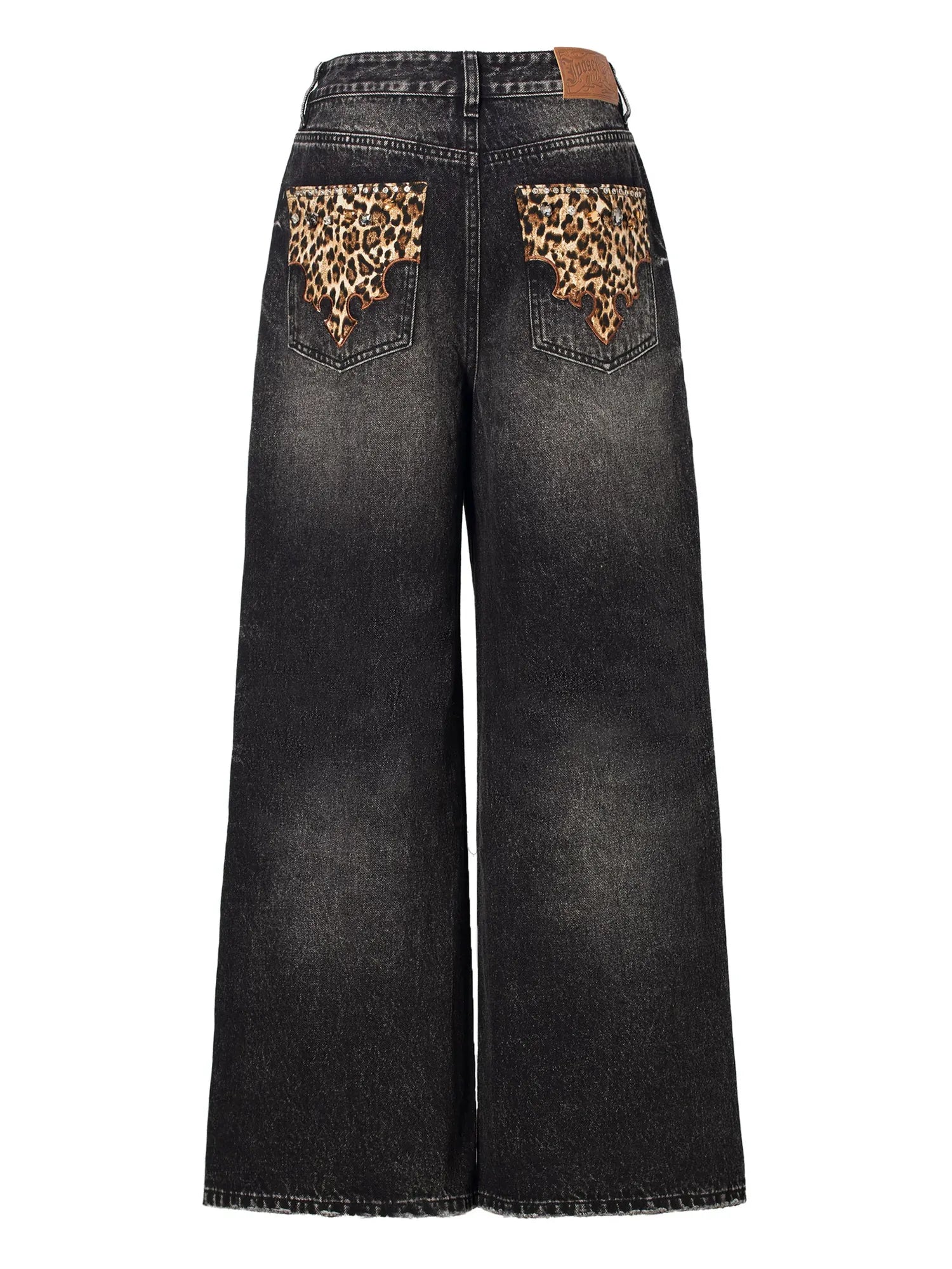 Vintage Black Grey Washed Wide Leg Low Rise Jeans with Leopard Print and Rhinestones