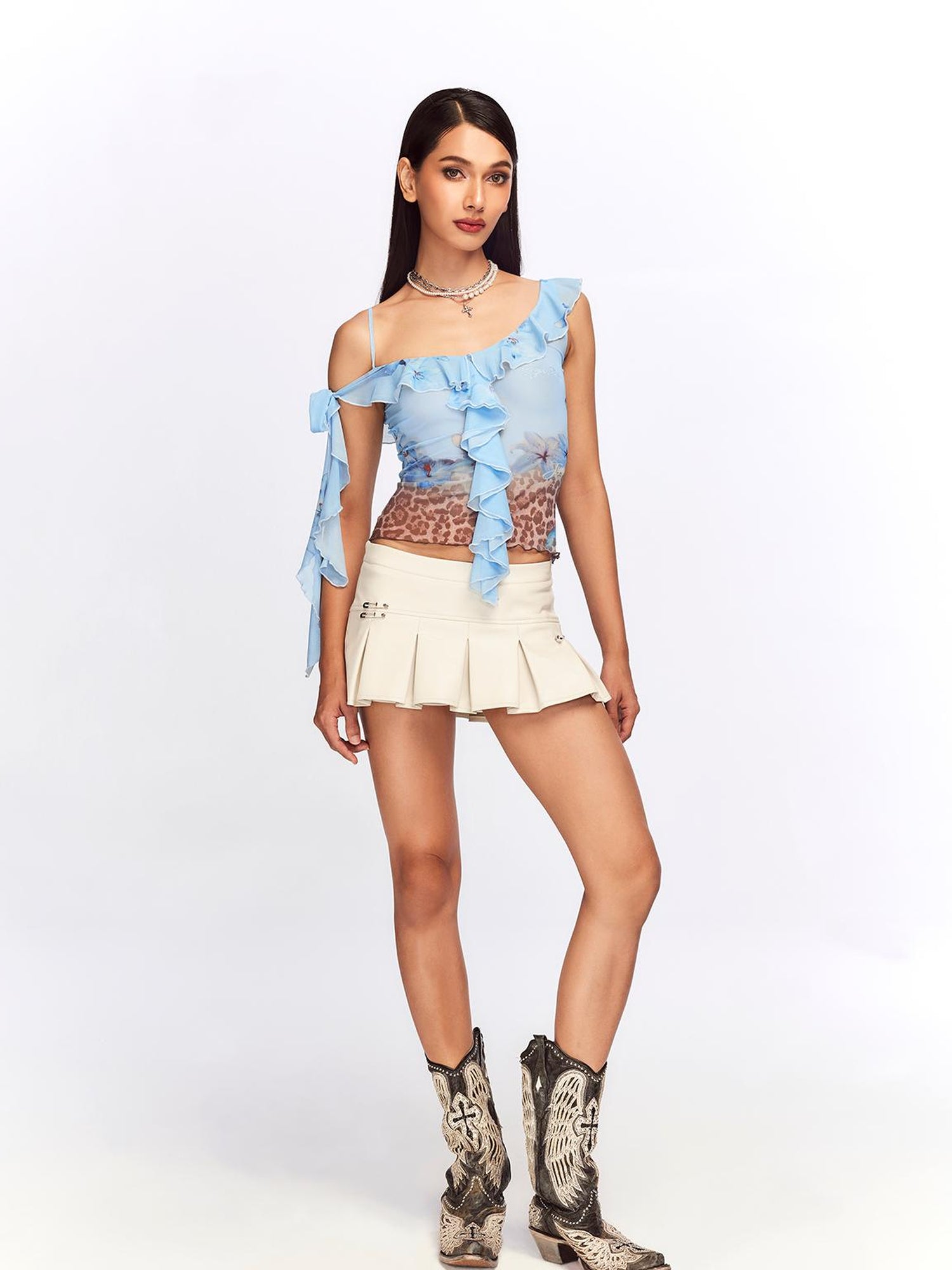 JYOSEI Vintage Blue Leopard Mesh Top With Ruffle Hem