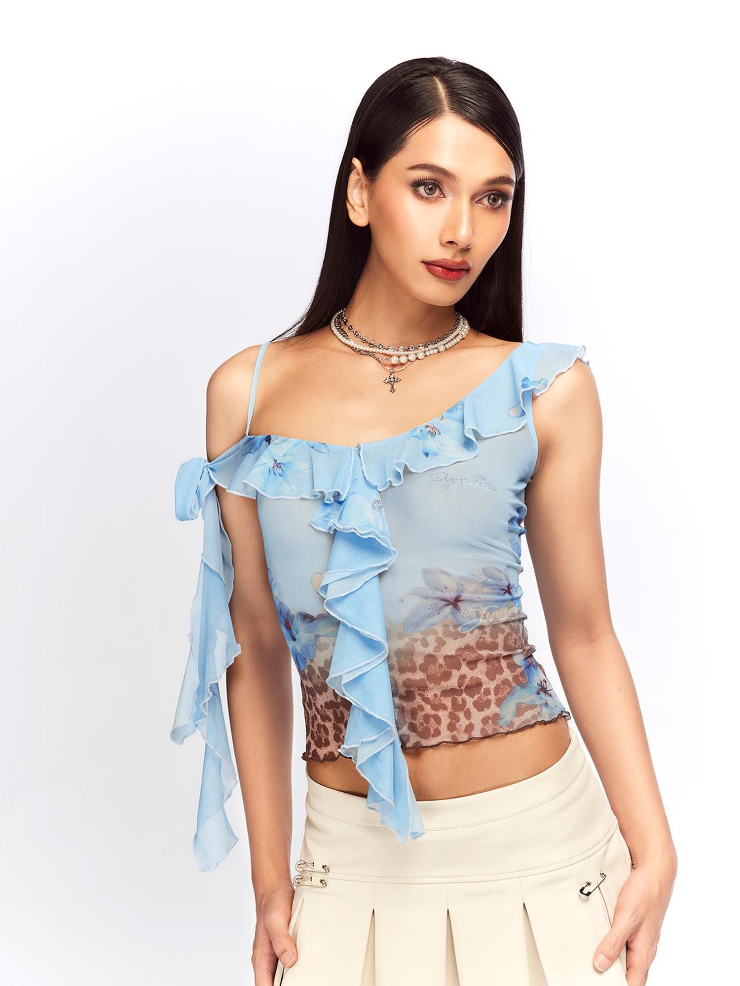 JYOSEI Vintage Blue Leopard Mesh Top With Ruffle Hem