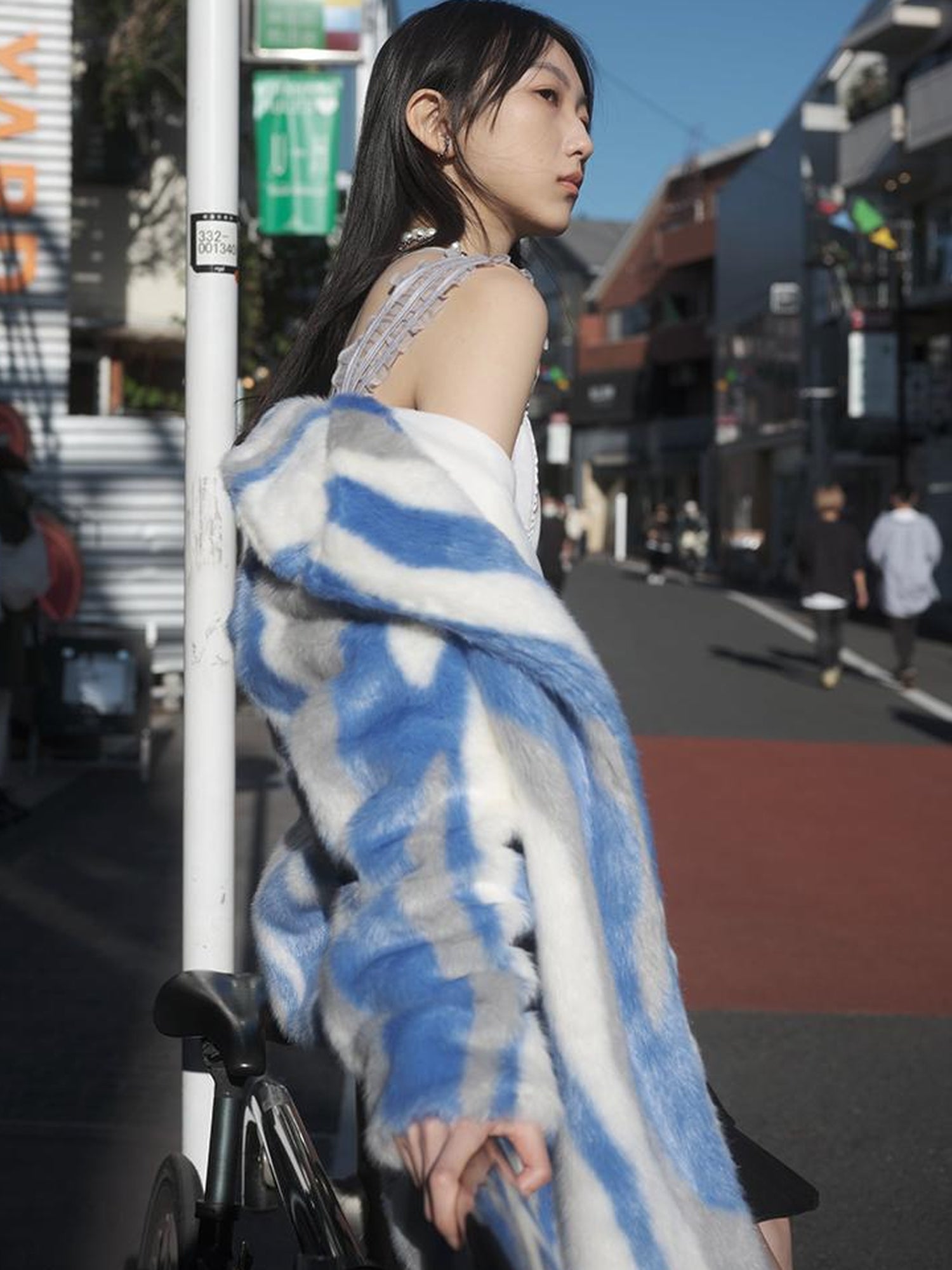 JYOSEI Vintage Blue White Stripe Faux Mink Long Coat