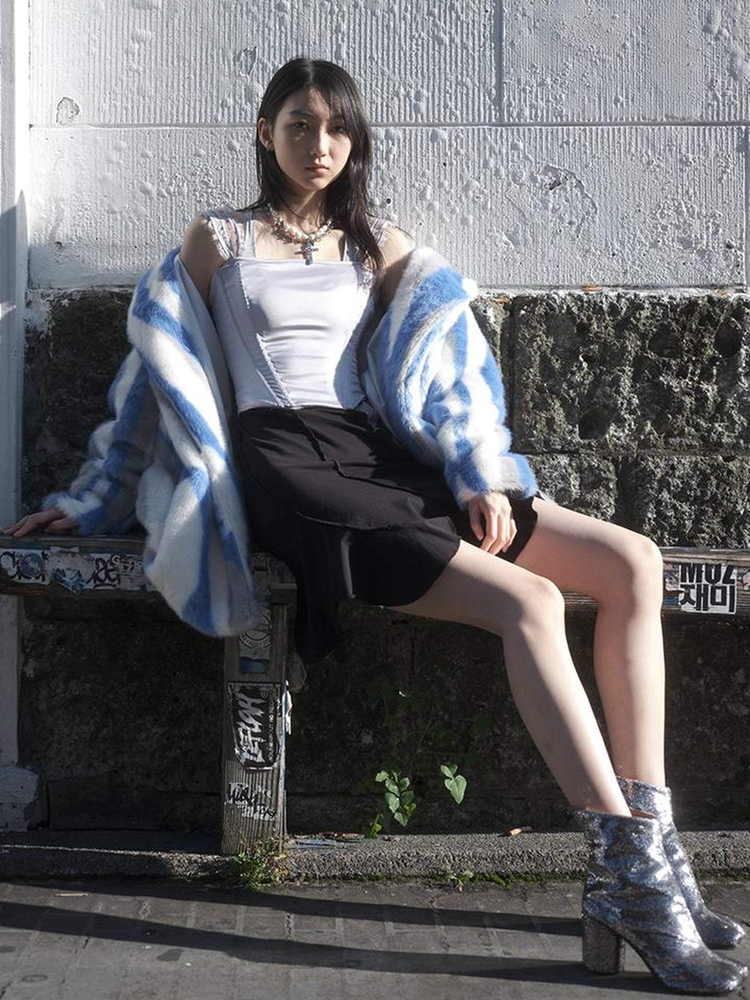 JYOSEI Vintage Blue White Stripe Faux Mink Long Coat