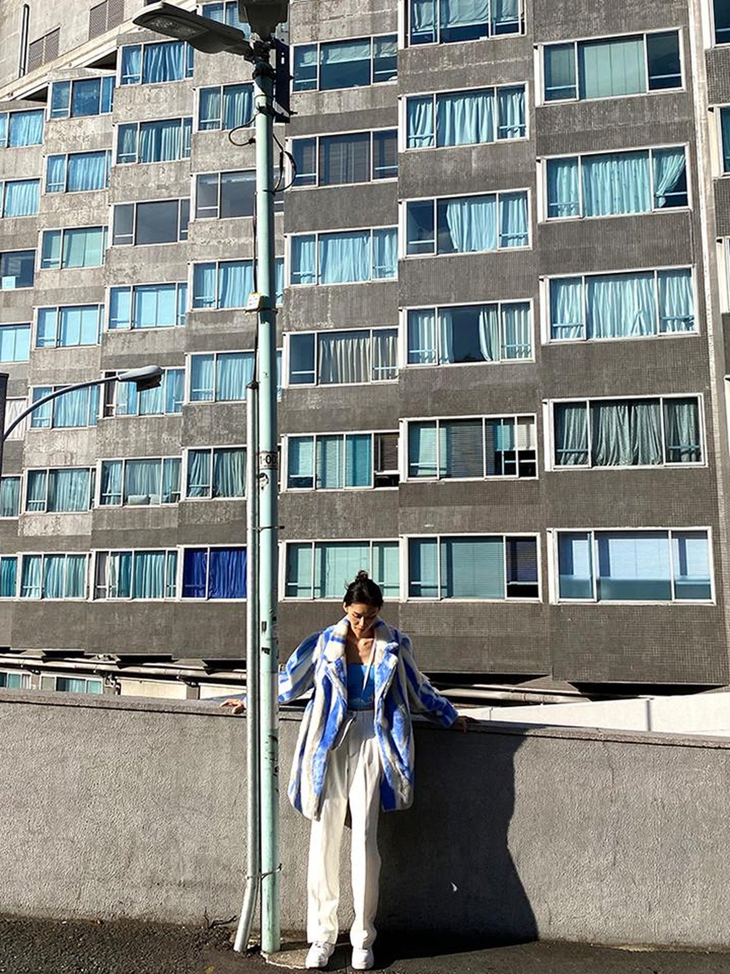 JYOSEI Vintage Blue White Stripe Faux Mink Long Coat