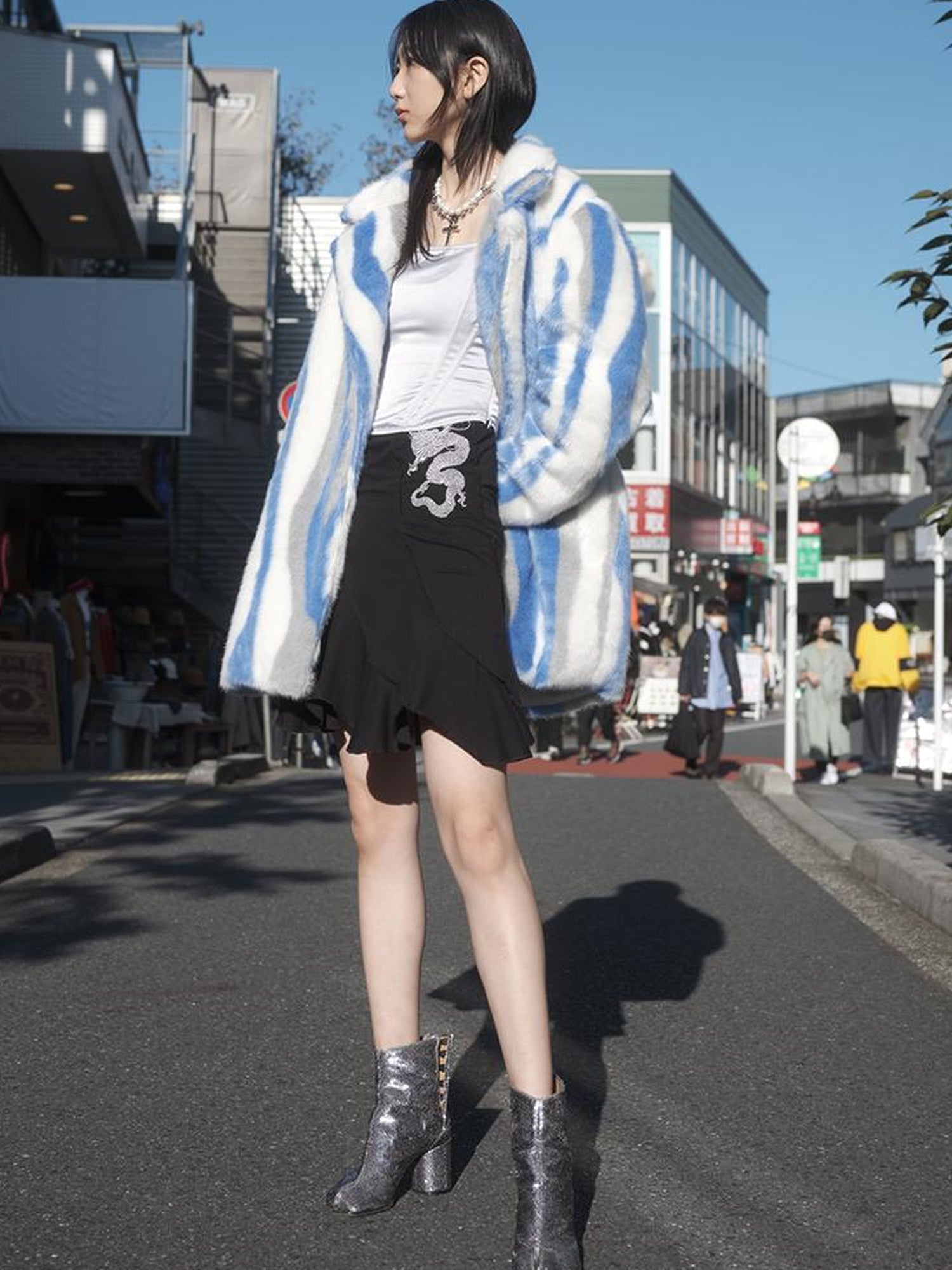 JYOSEI Vintage Blue White Stripe Faux Mink Long Coat