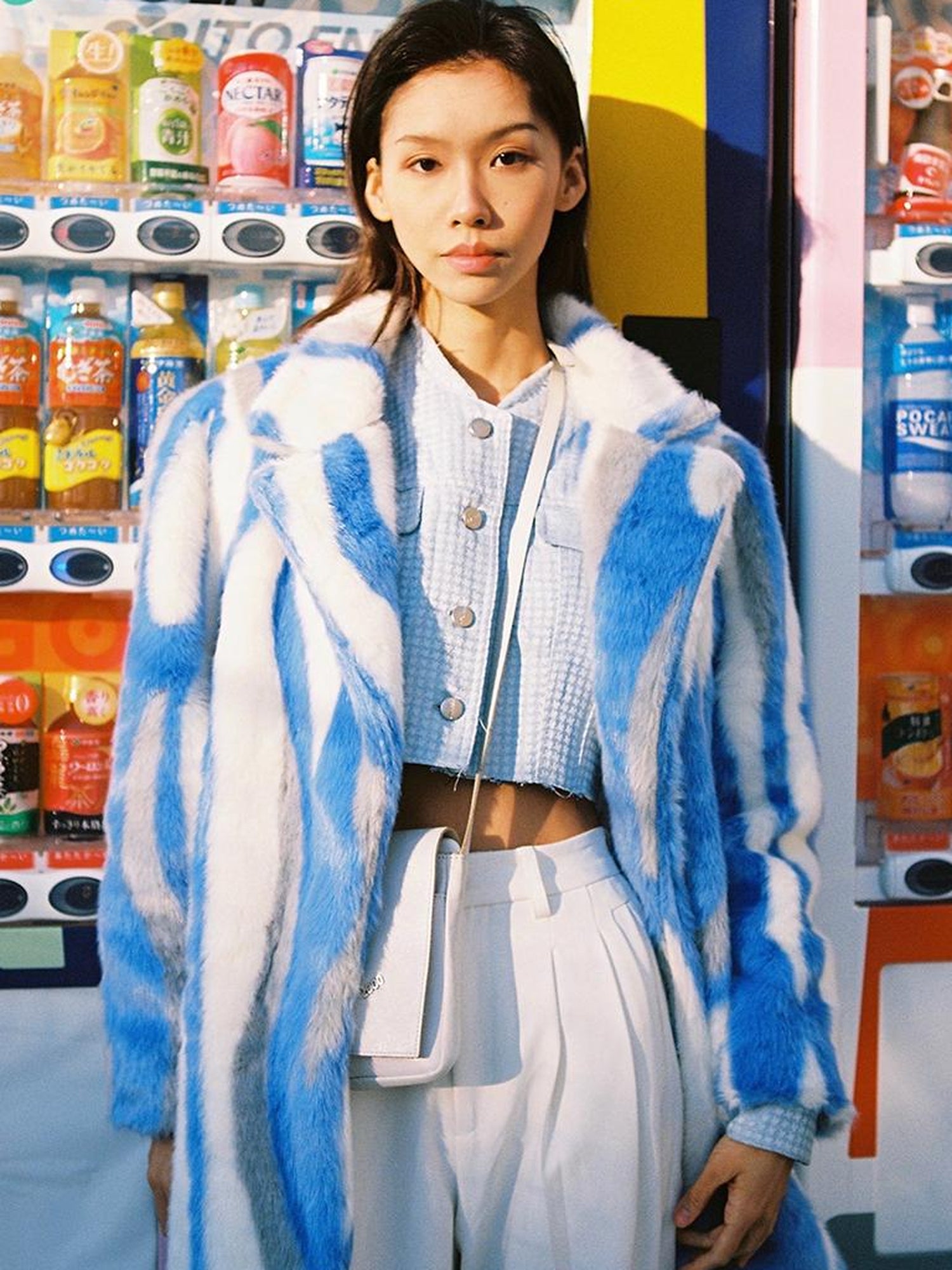JYOSEI Vintage Blue White Stripe Faux Mink Long Coat