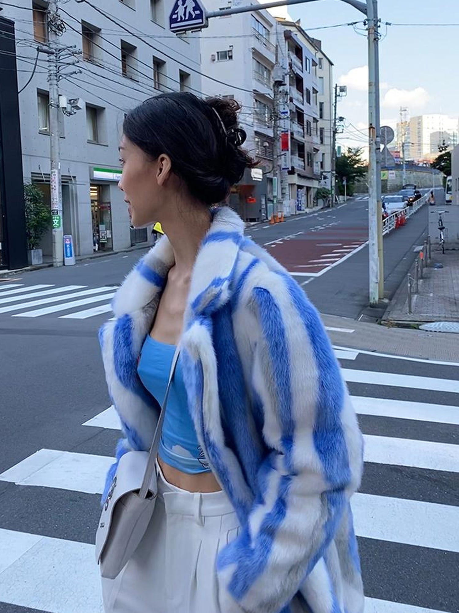 JYOSEI Vintage Blue White Stripe Faux Mink Long Coat
