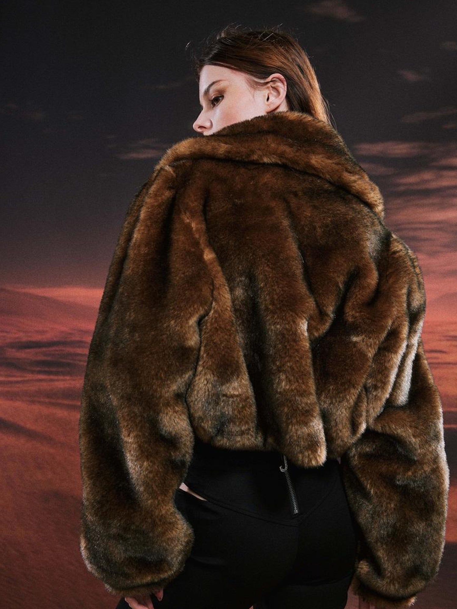 JYOSEI Vintage Brown Black Faux Fur Cropped Jacket
