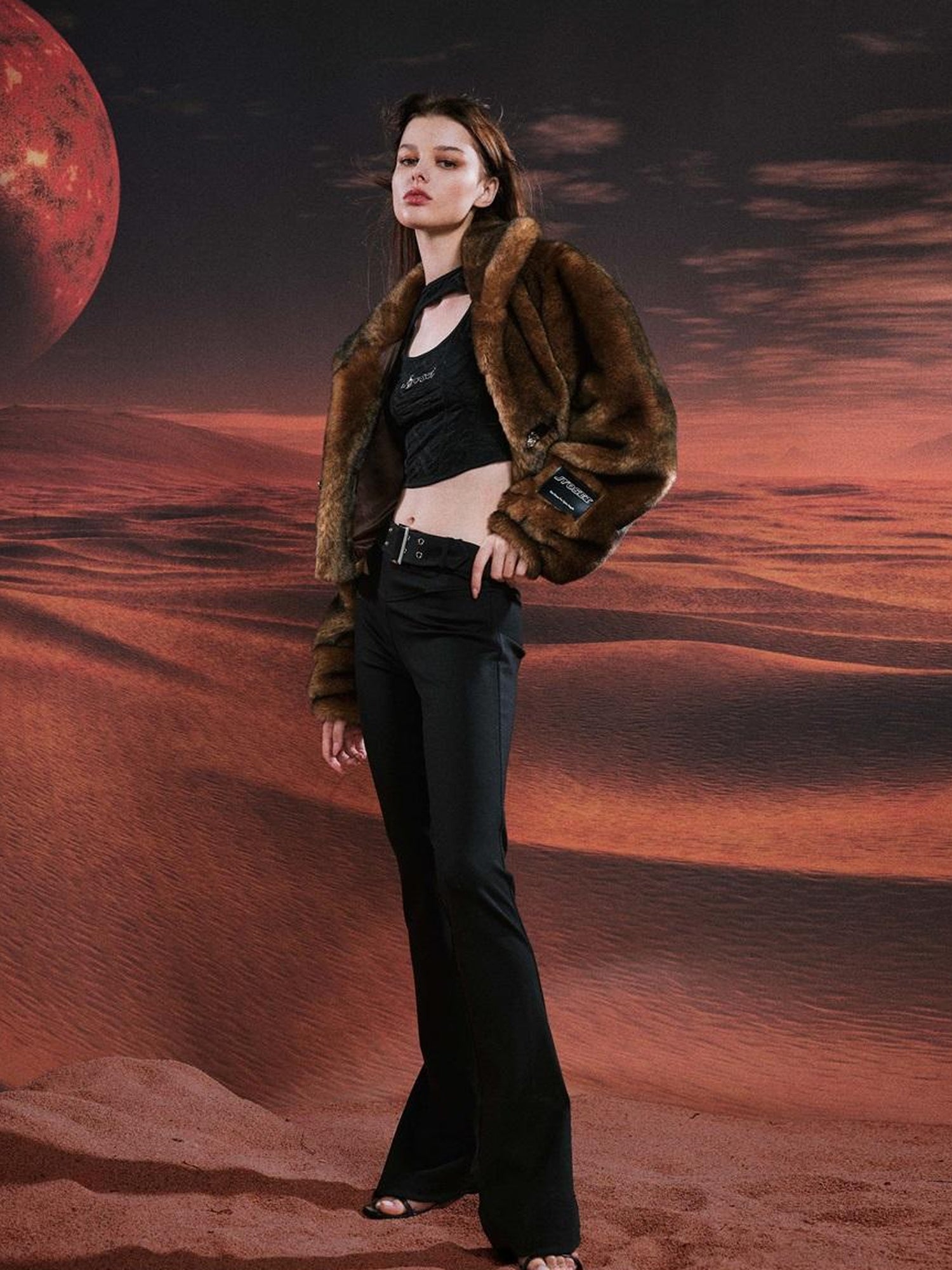 JYOSEI Vintage Brown Black Faux Fur Cropped Jacket