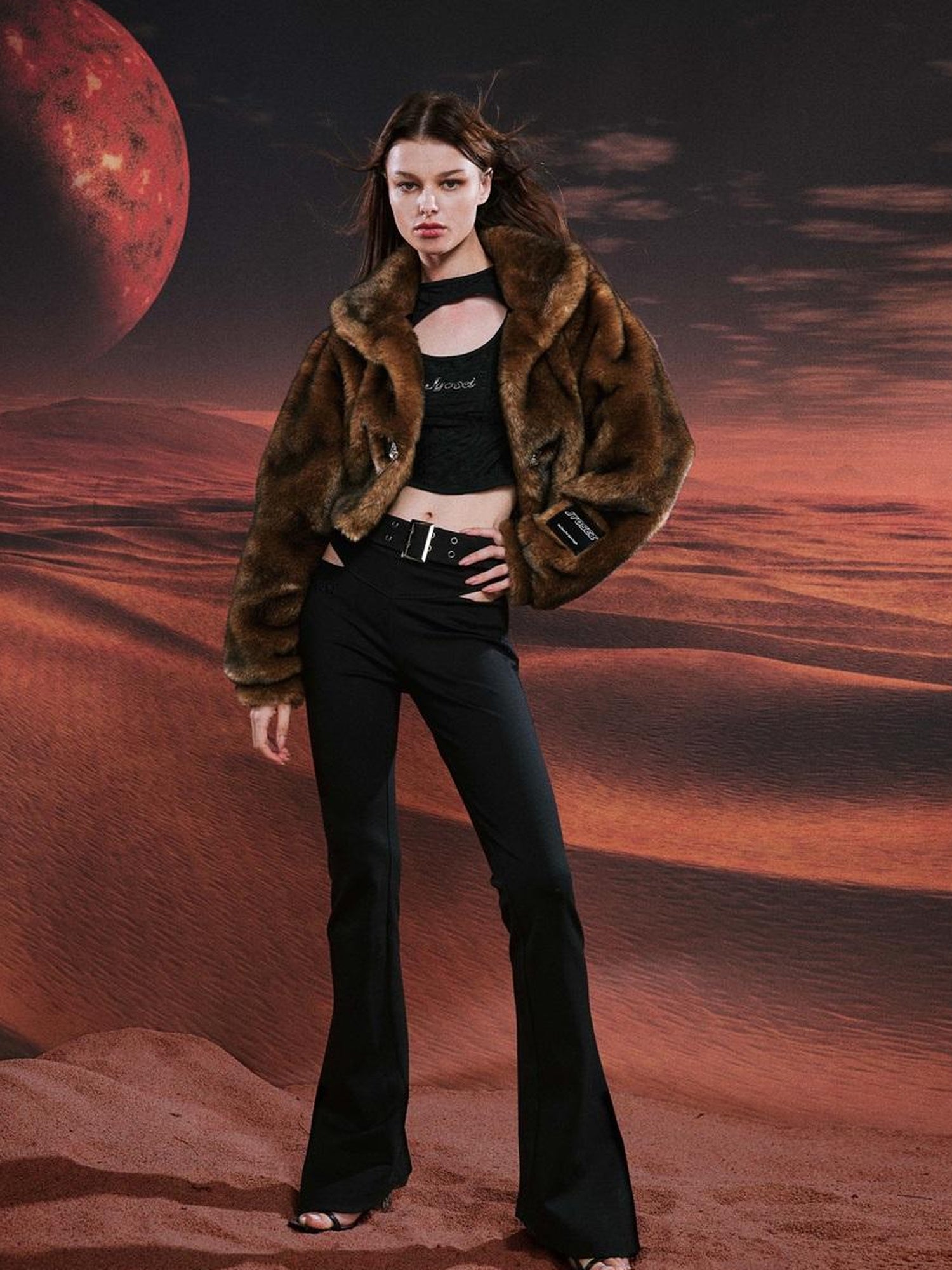 JYOSEI Vintage Brown Black Faux Fur Cropped Jacket