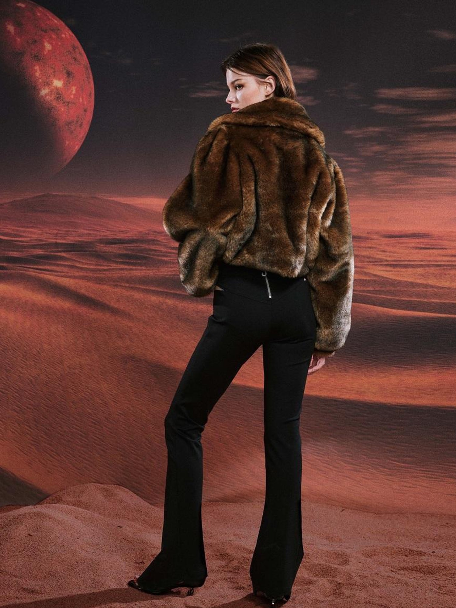 JYOSEI Vintage Brown Black Faux Fur Cropped Jacket