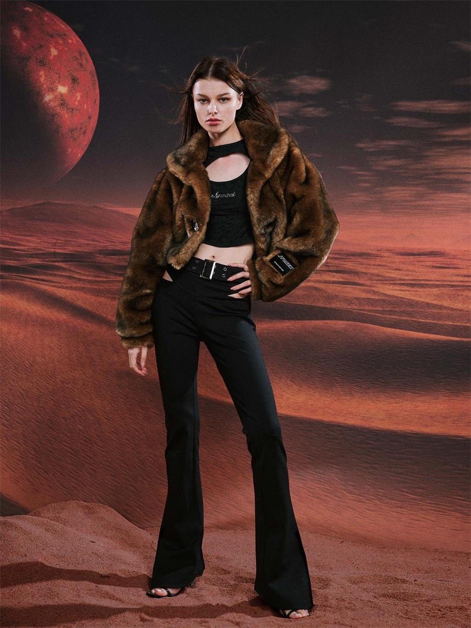 JYOSEI Vintage Brown Black Faux Fur Cropped Jacket