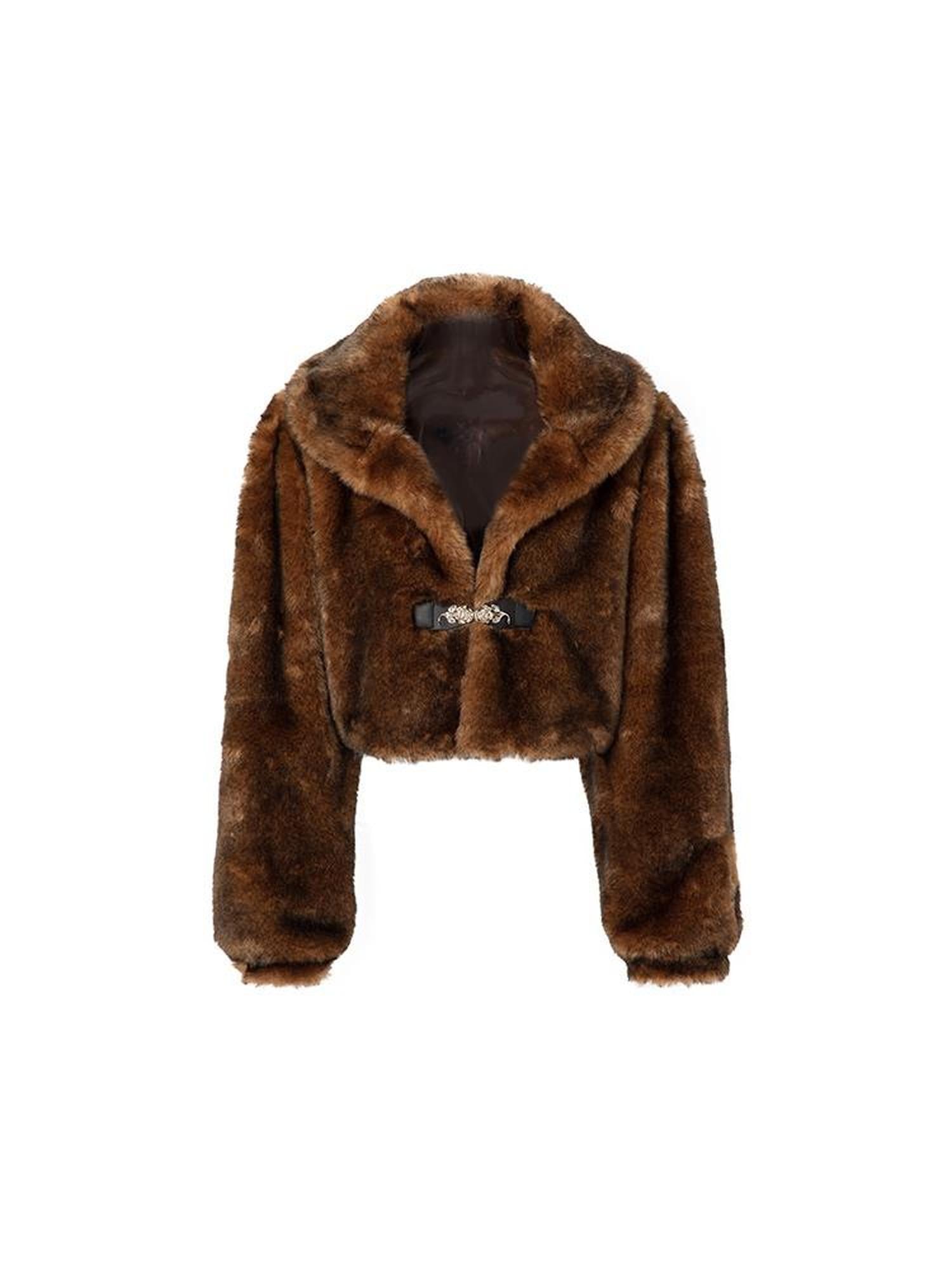 JYOSEI Vintage Brown Black Faux Fur Cropped Jacket