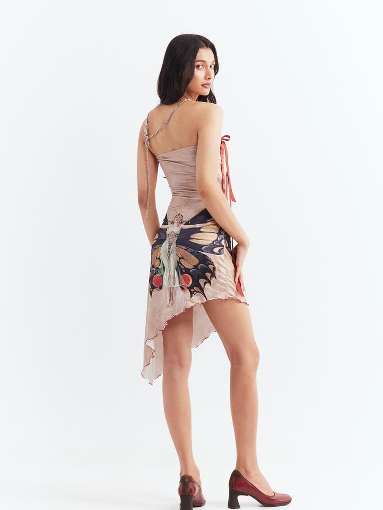 JYOSEI Vintage Butterfly Asymmetric Hem Tube Dress V Neck T Shirt Long Sleeve