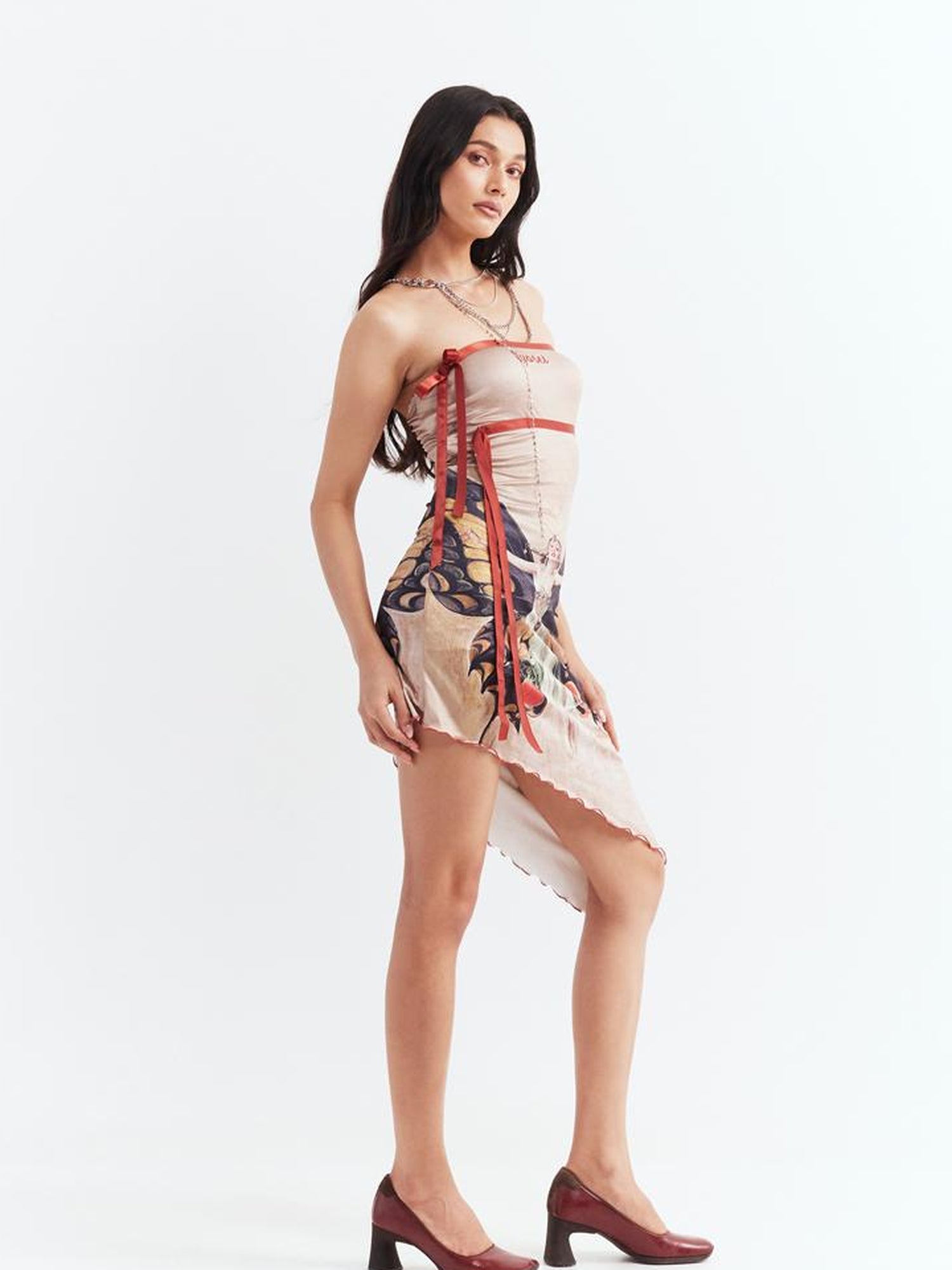 JYOSEI Vintage Butterfly Asymmetric Hem Tube Dress V Neck T Shirt Long Sleeve