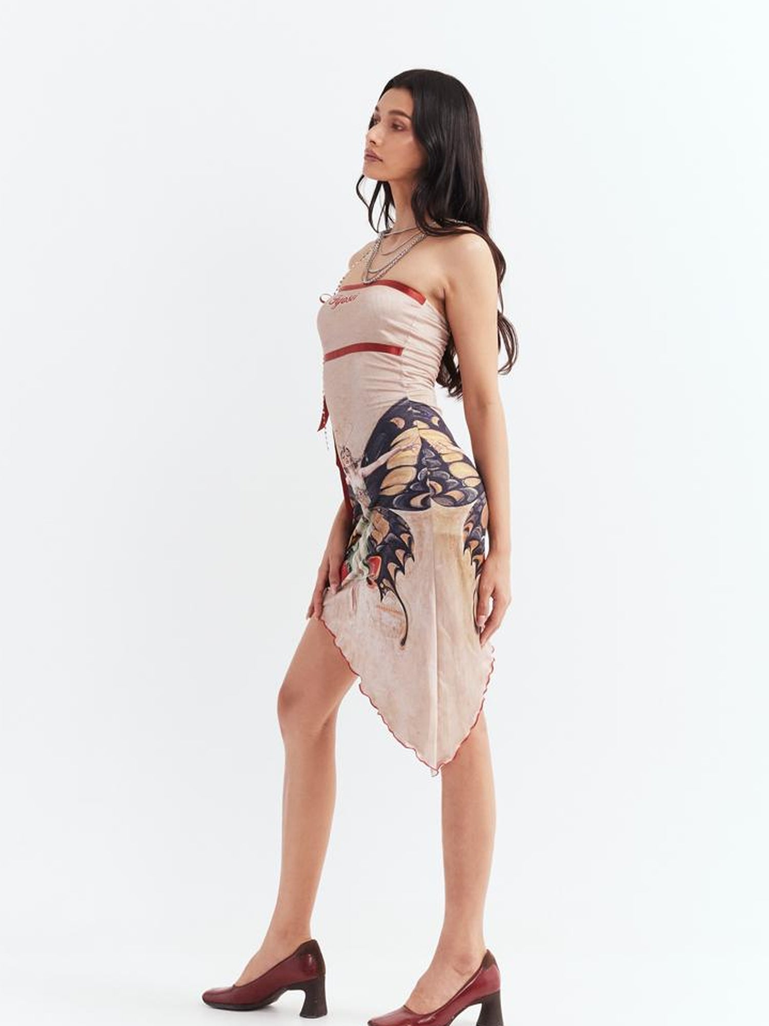 JYOSEI Vintage Butterfly Asymmetric Hem Tube Dress V Neck T Shirt Long Sleeve