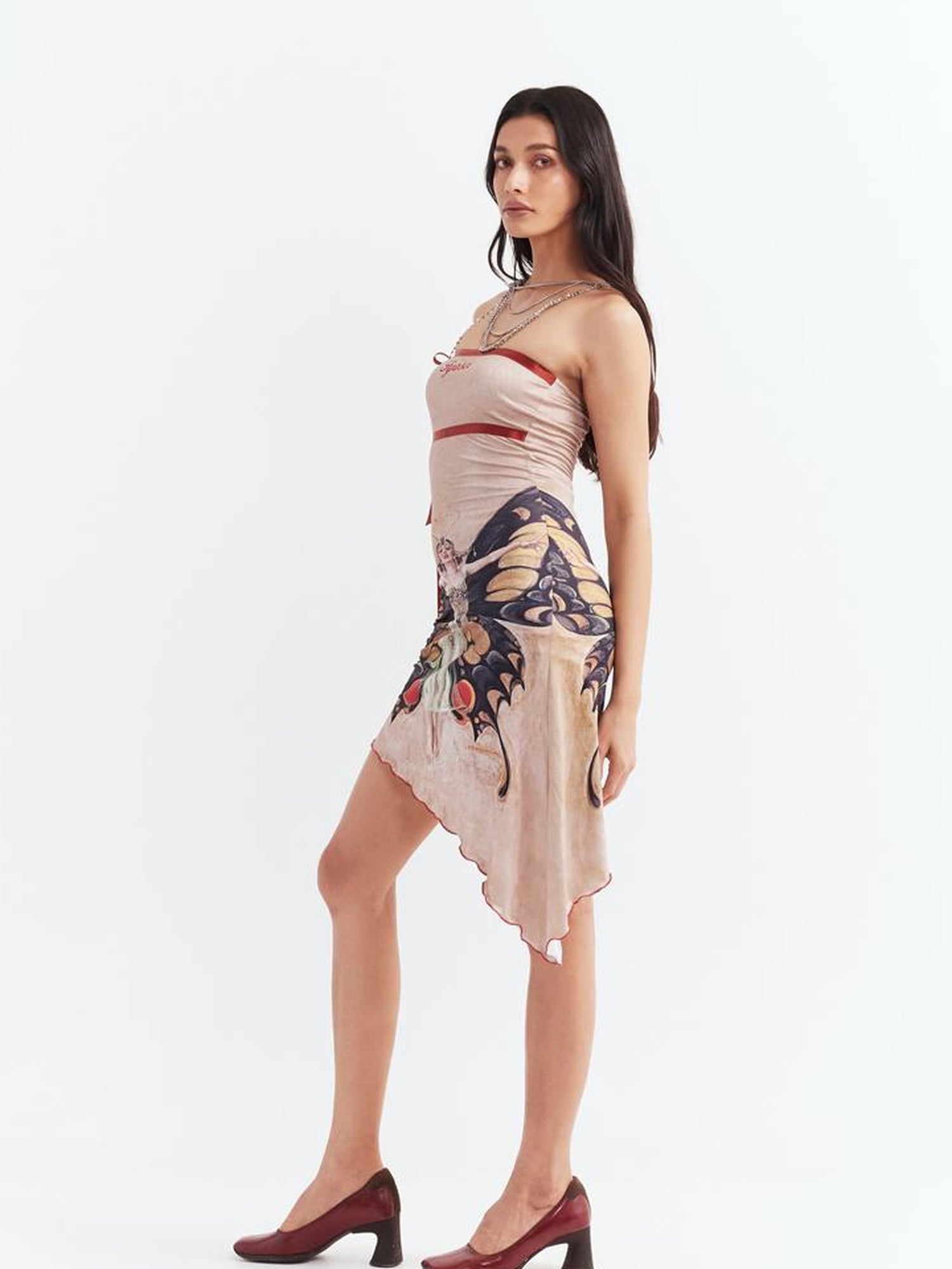 JYOSEI Vintage Butterfly Asymmetric Hem Tube Dress V Neck T Shirt Long Sleeve