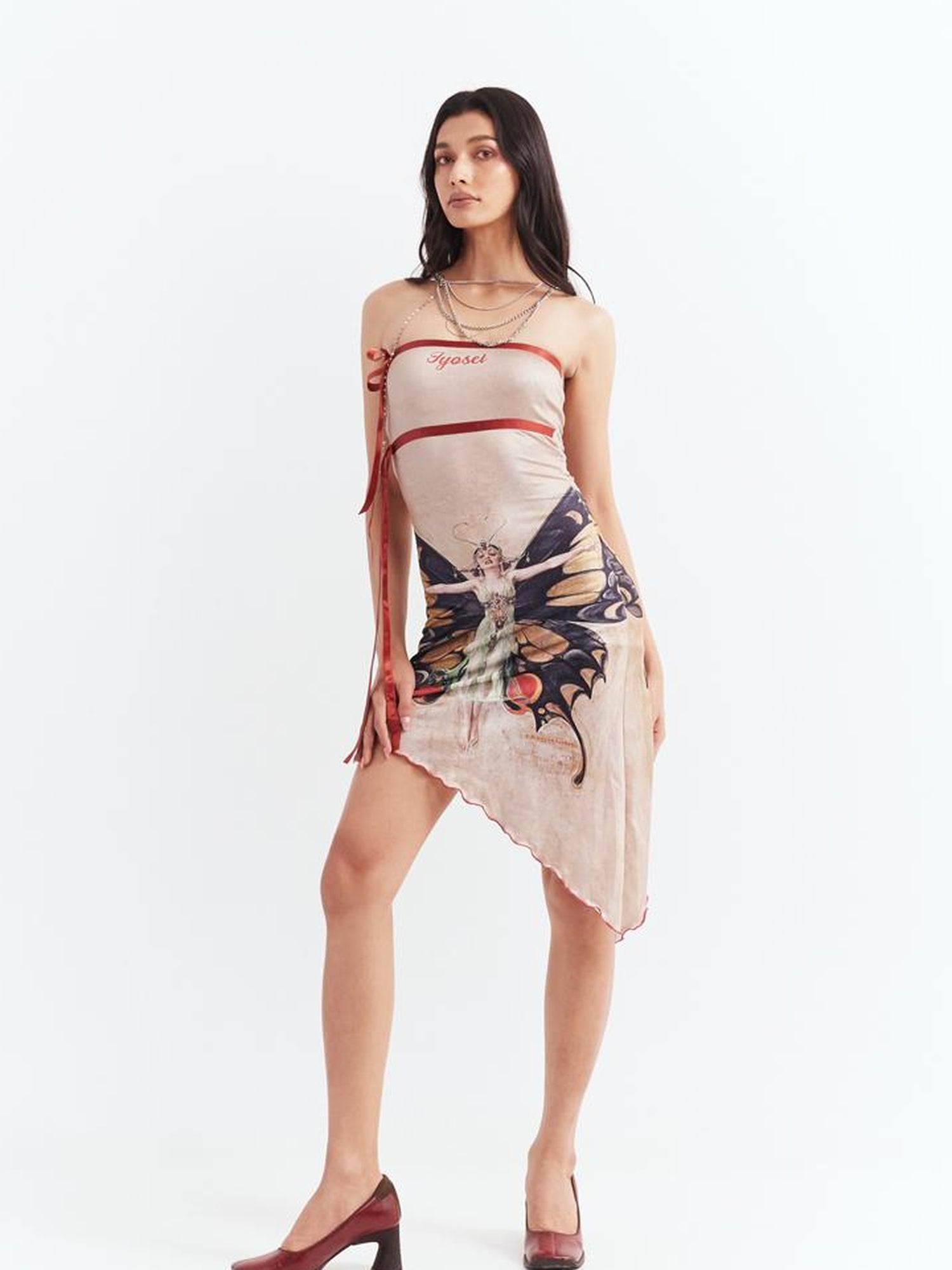 JYOSEI Vintage Butterfly Asymmetric Hem Tube Dress V Neck T Shirt Long Sleeve