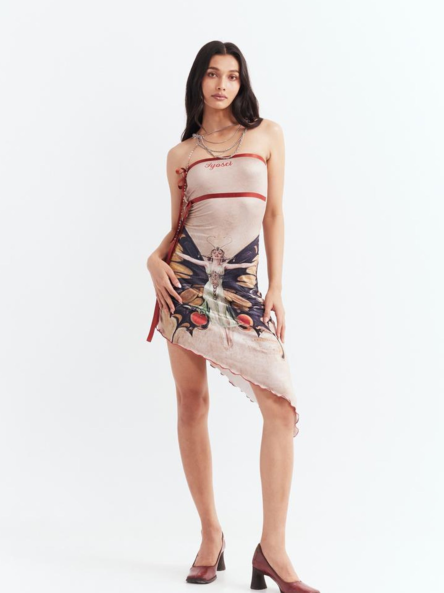 JYOSEI Vintage Butterfly Asymmetric Hem Tube Dress V Neck T Shirt Long Sleeve