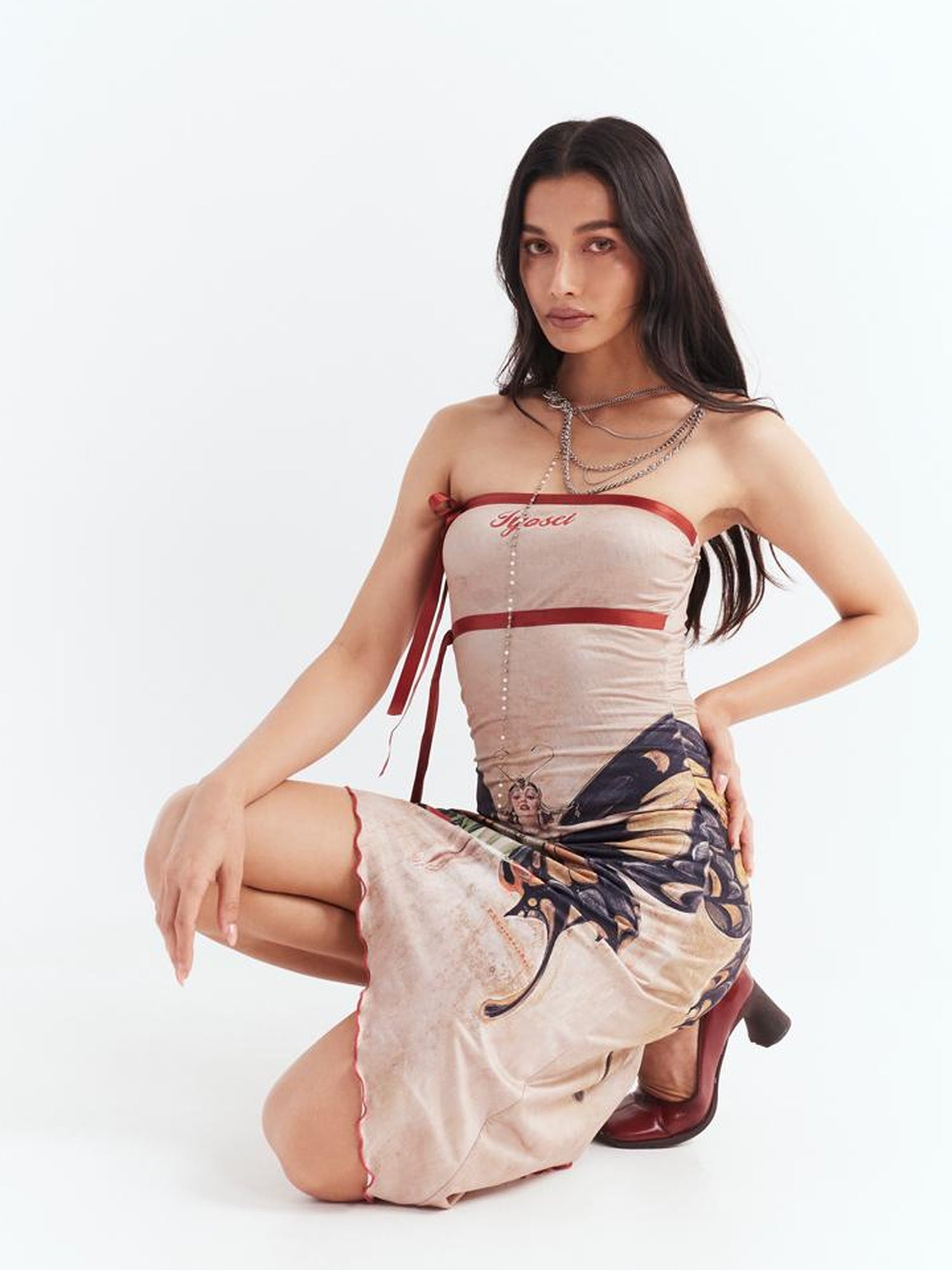 JYOSEI Vintage Butterfly Asymmetric Hem Tube Dress V Neck T Shirt Long Sleeve
