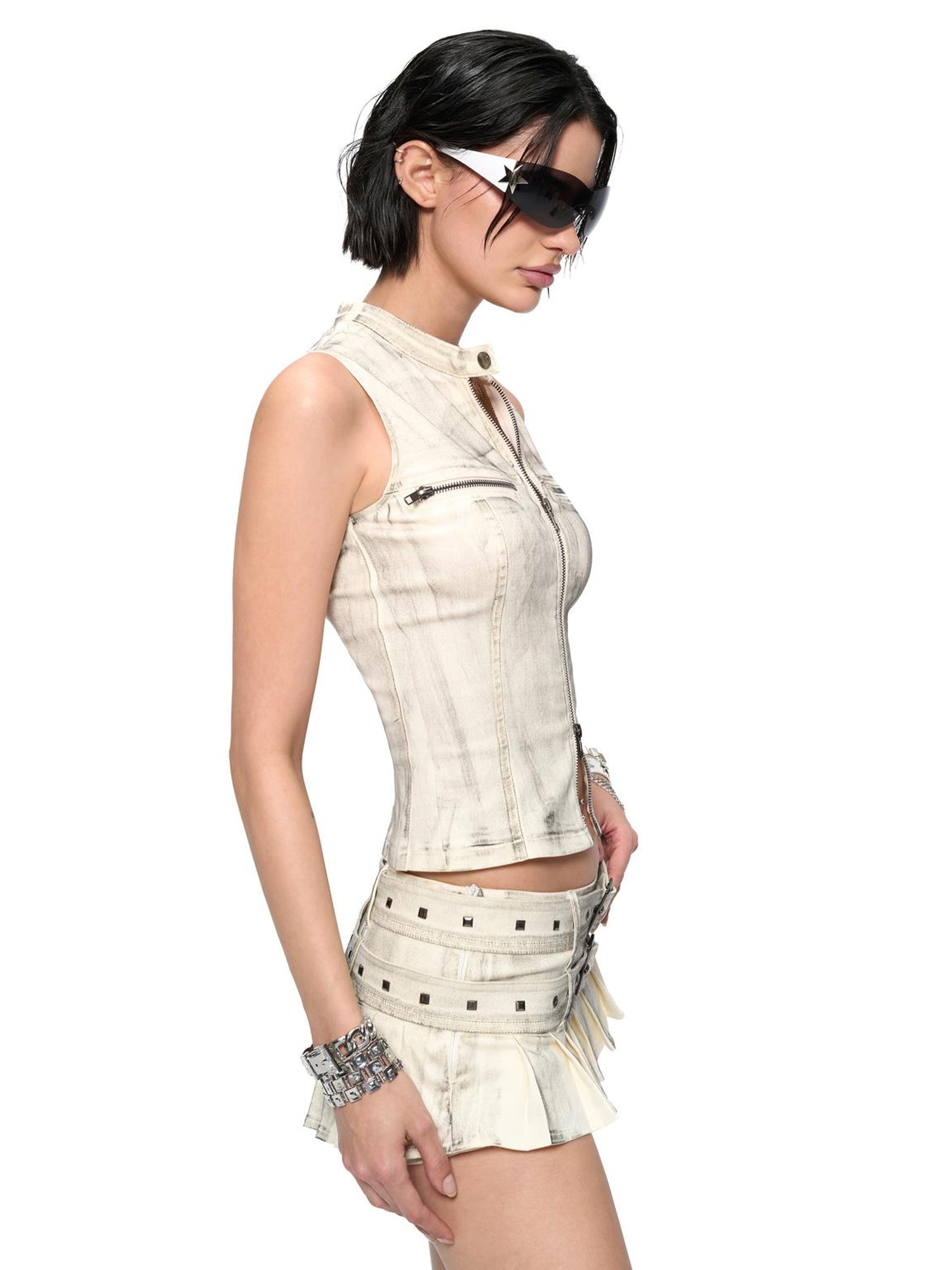 JYOSEI Vintage Distressed Studded Belted Cargo Mini Skirt Set