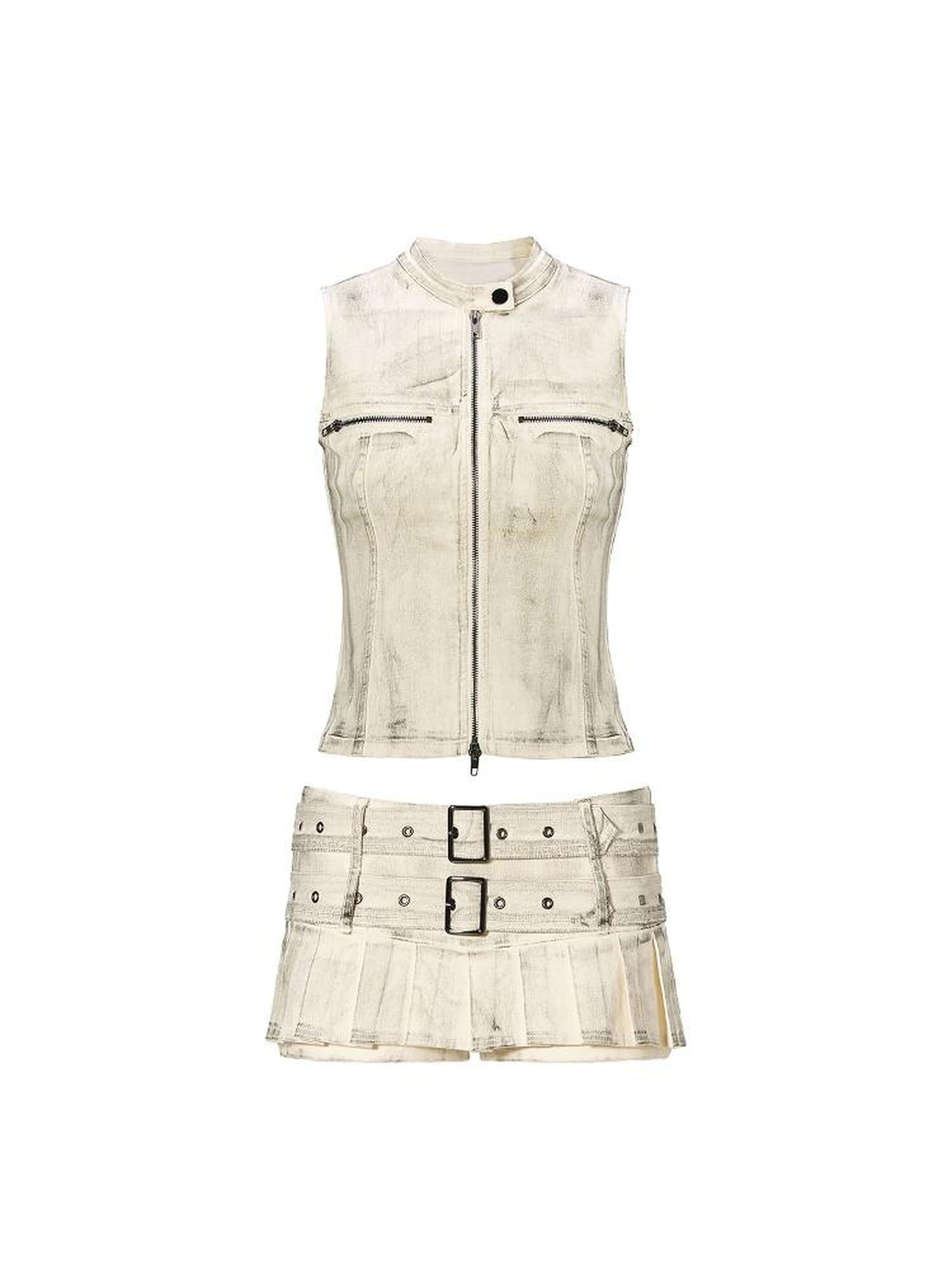 JYOSEI Vintage Distressed Studded Belted Cargo Mini Skirt Set