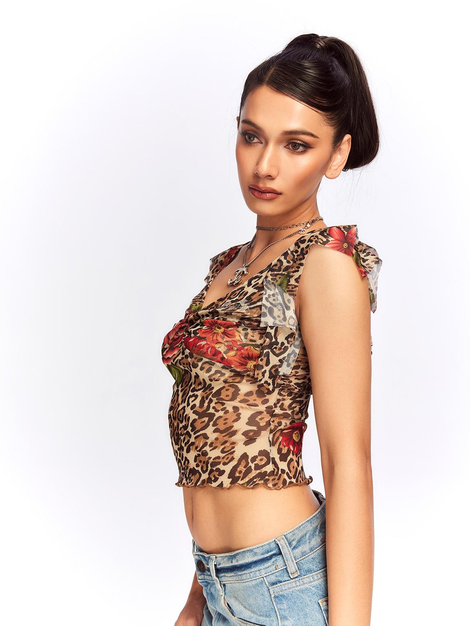 JYOSEI Vintage Floral Leopard Mesh Top