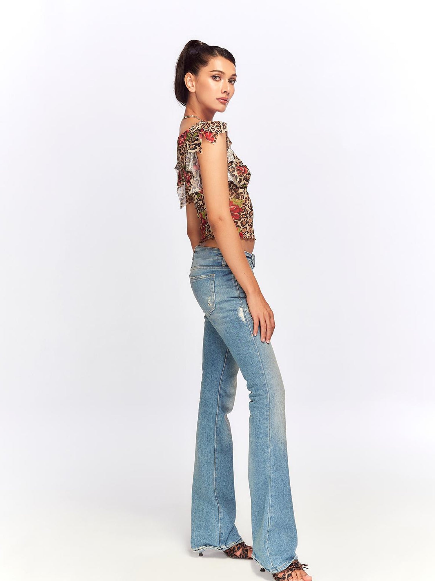 JYOSEI Vintage Floral Leopard Mesh Top