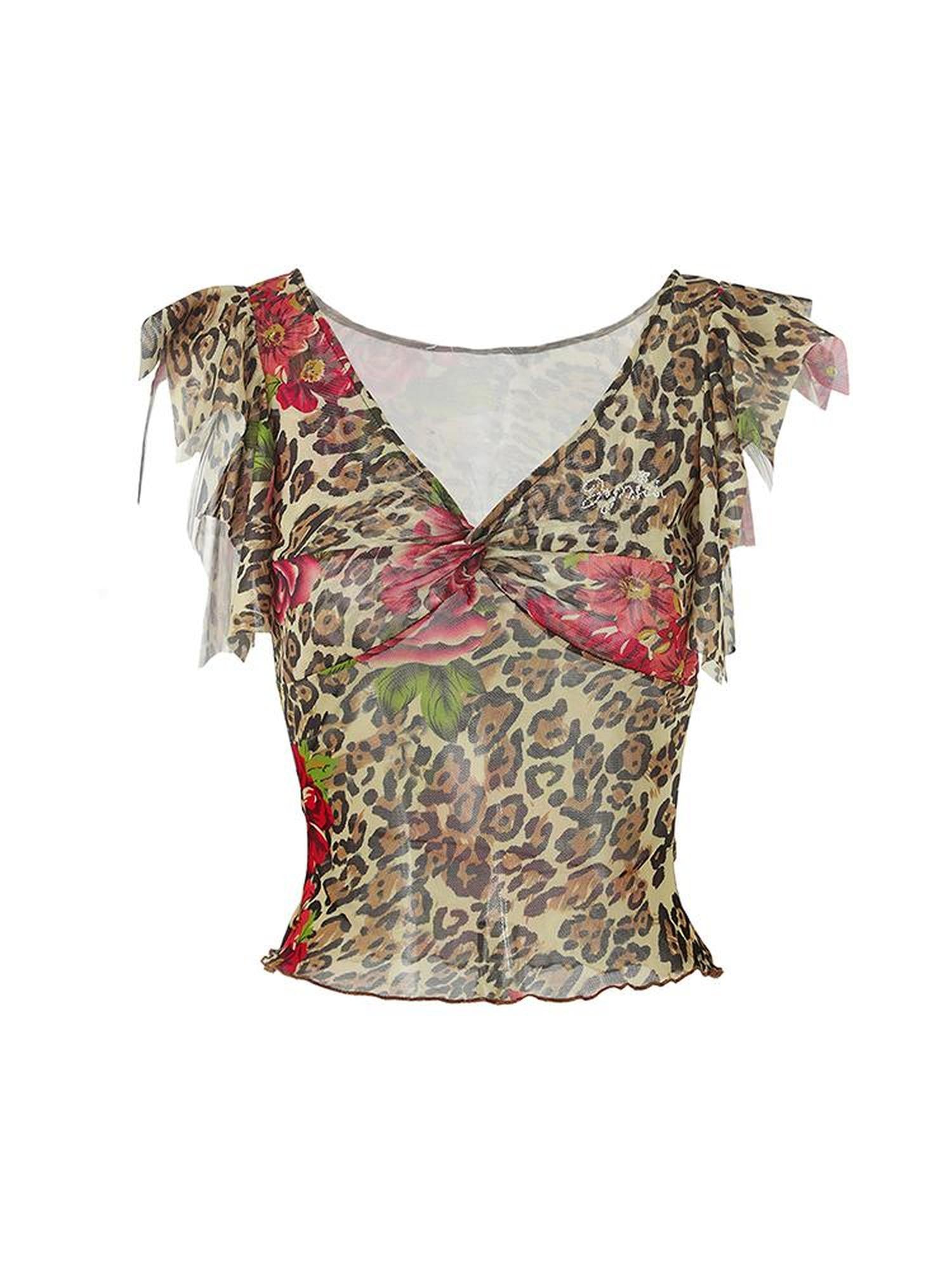 JYOSEI Vintage Floral Leopard Mesh Top