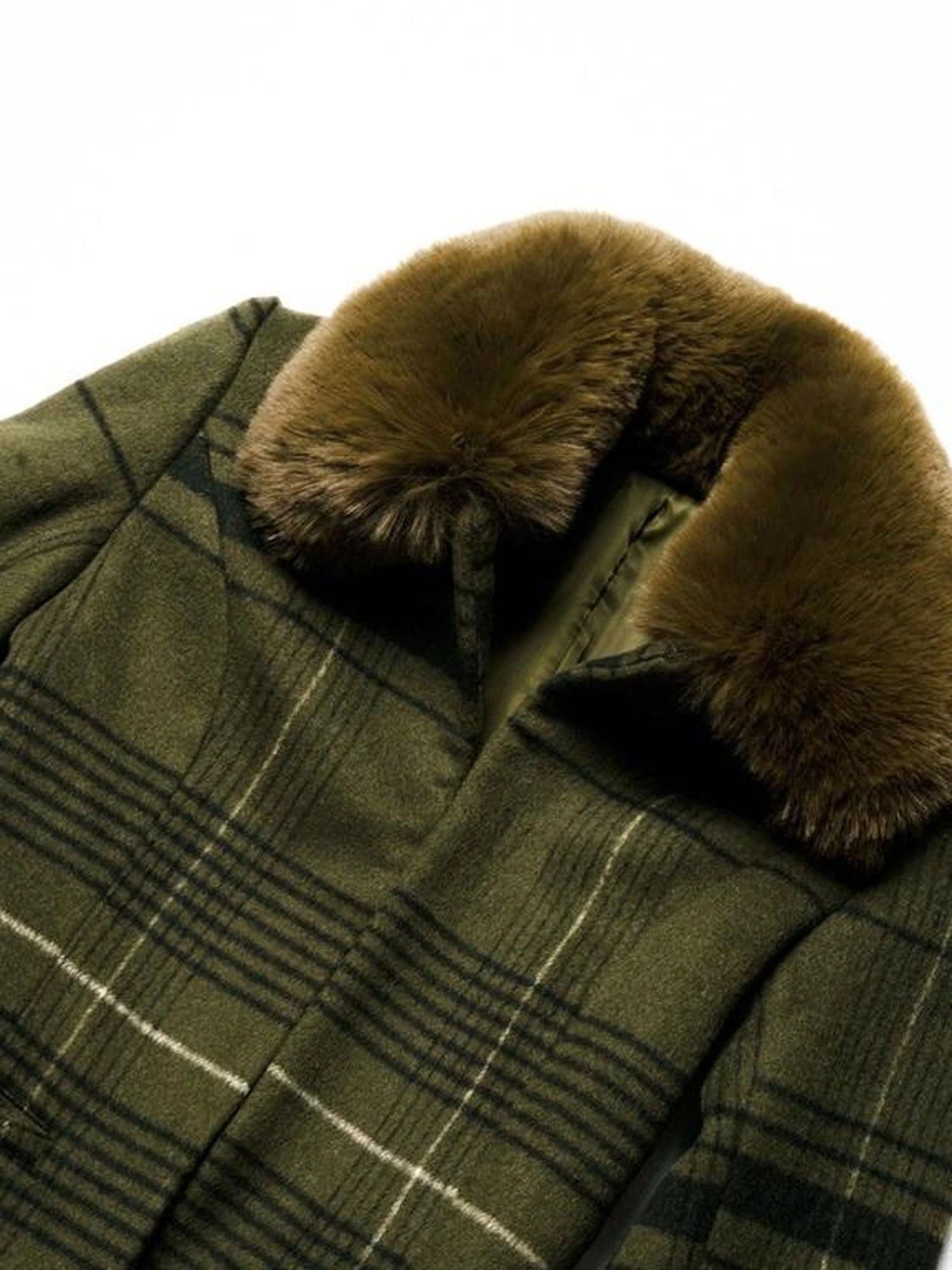 Vintage Green Plaid Wool Blend Suit Set With Fur Trim