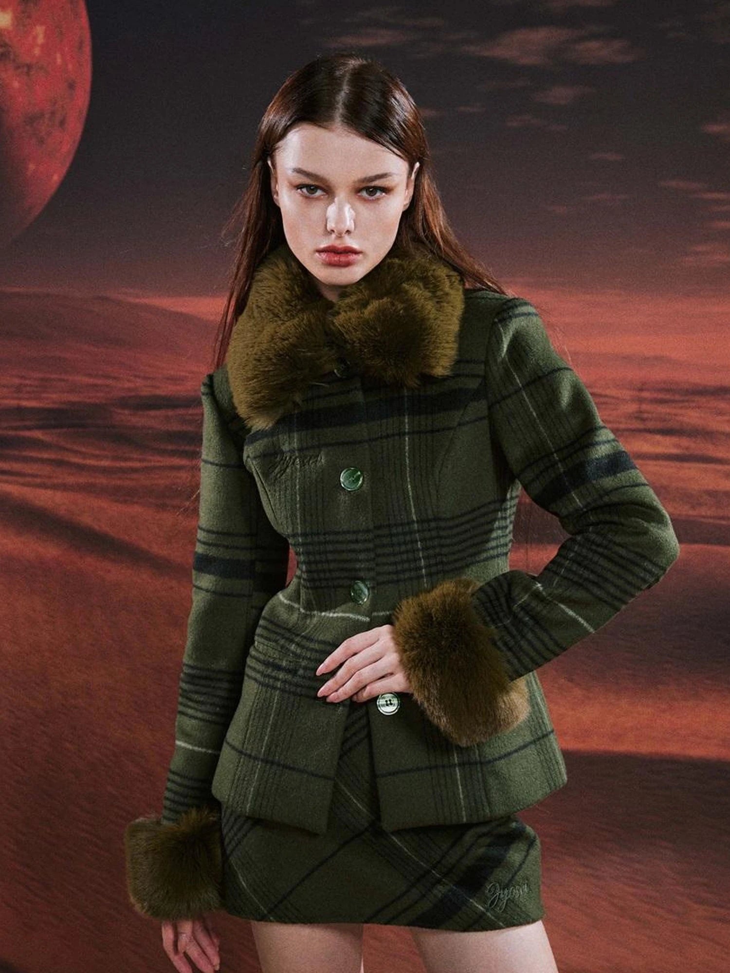 Vintage Green Plaid Wool Blend Suit Set With Fur Trim