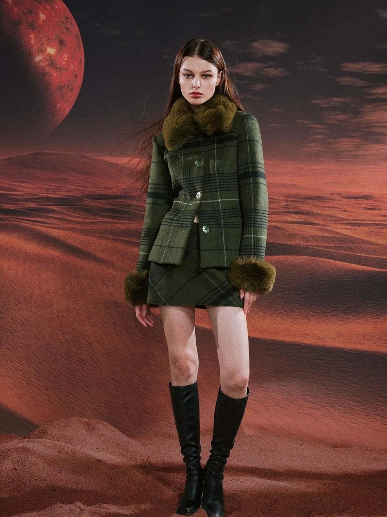 Vintage Green Plaid Wool Blend Suit Set With Fur Trim