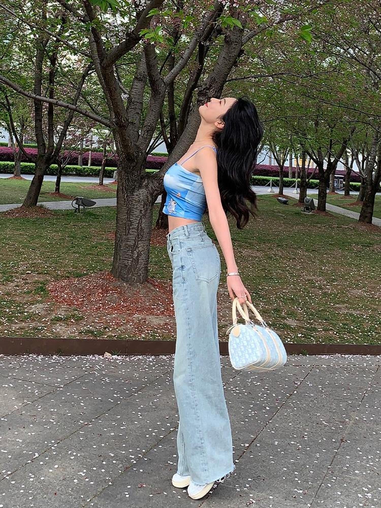 JYOSEI Vintage Light Blue High Waisted Wide Leg Denim Pants